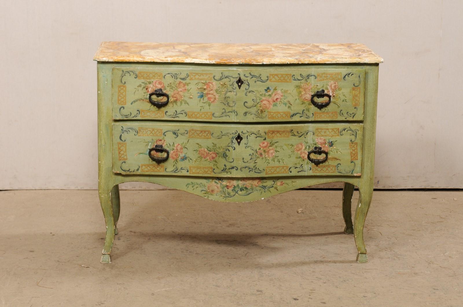 Italian Serpentine Chest W/Hand-Painted Urn & Floral Design, Early 19th C. For Sale 7