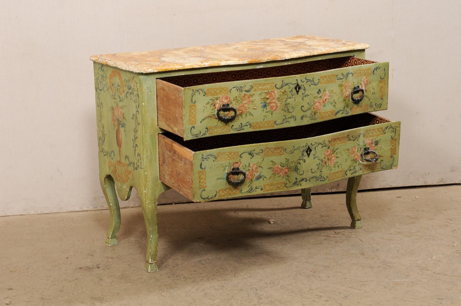 19th Century Italian Serpentine Chest W/Hand-Painted Urn & Floral Design, Early 19th C. For Sale
