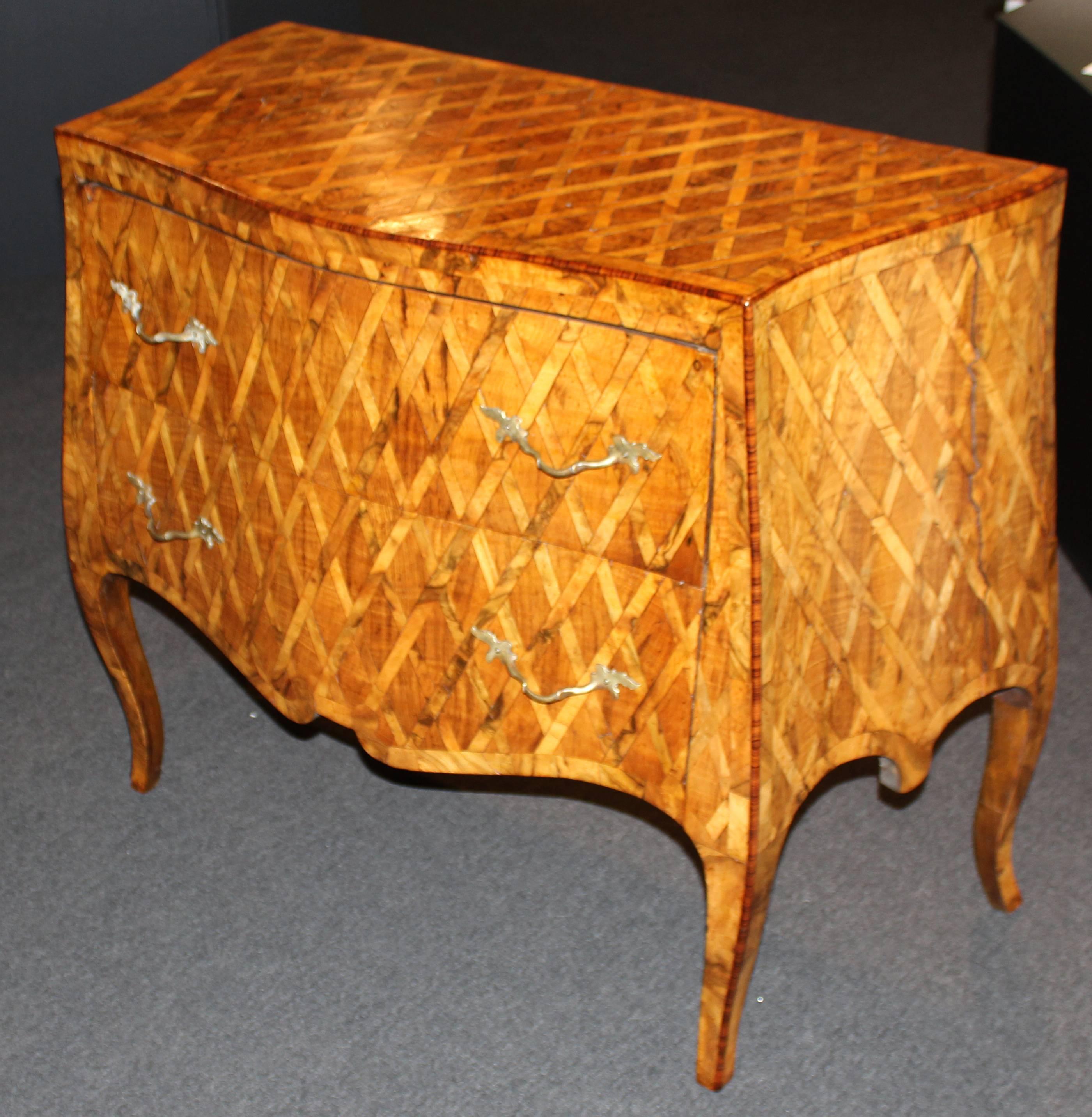 Inlay Italian Serpentine Inlaid Two-Drawer Fruitwood Parquetry Commode, circa 1800