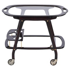 Italian Serving Bar Cart in Dark Lacquered Walnut by Cesare Lacca, Italy 1950s