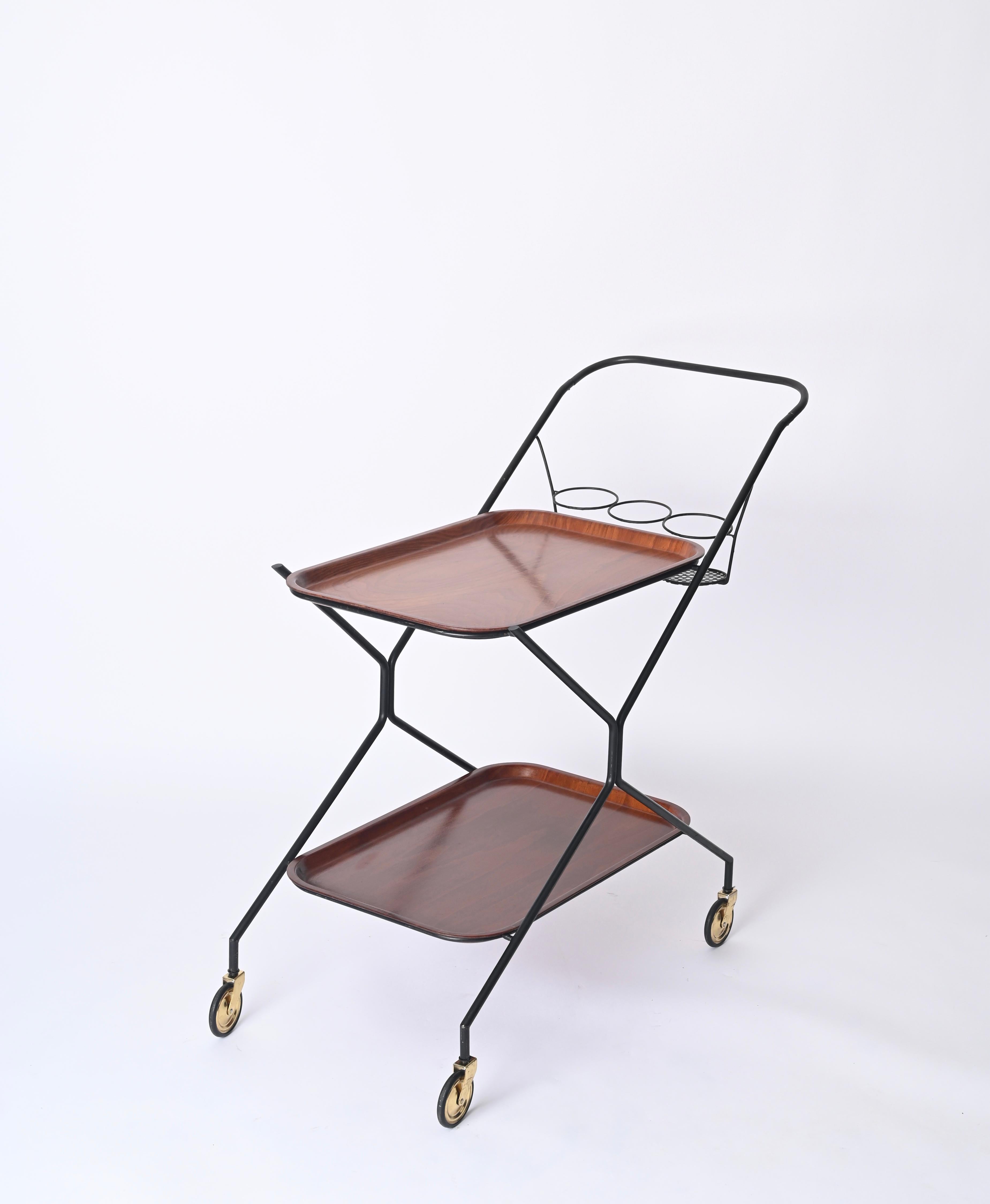 Italian Serving Bar Cart with Bottle Holder, Wood, Metal and Brass, Italy, 1960s For Sale 7