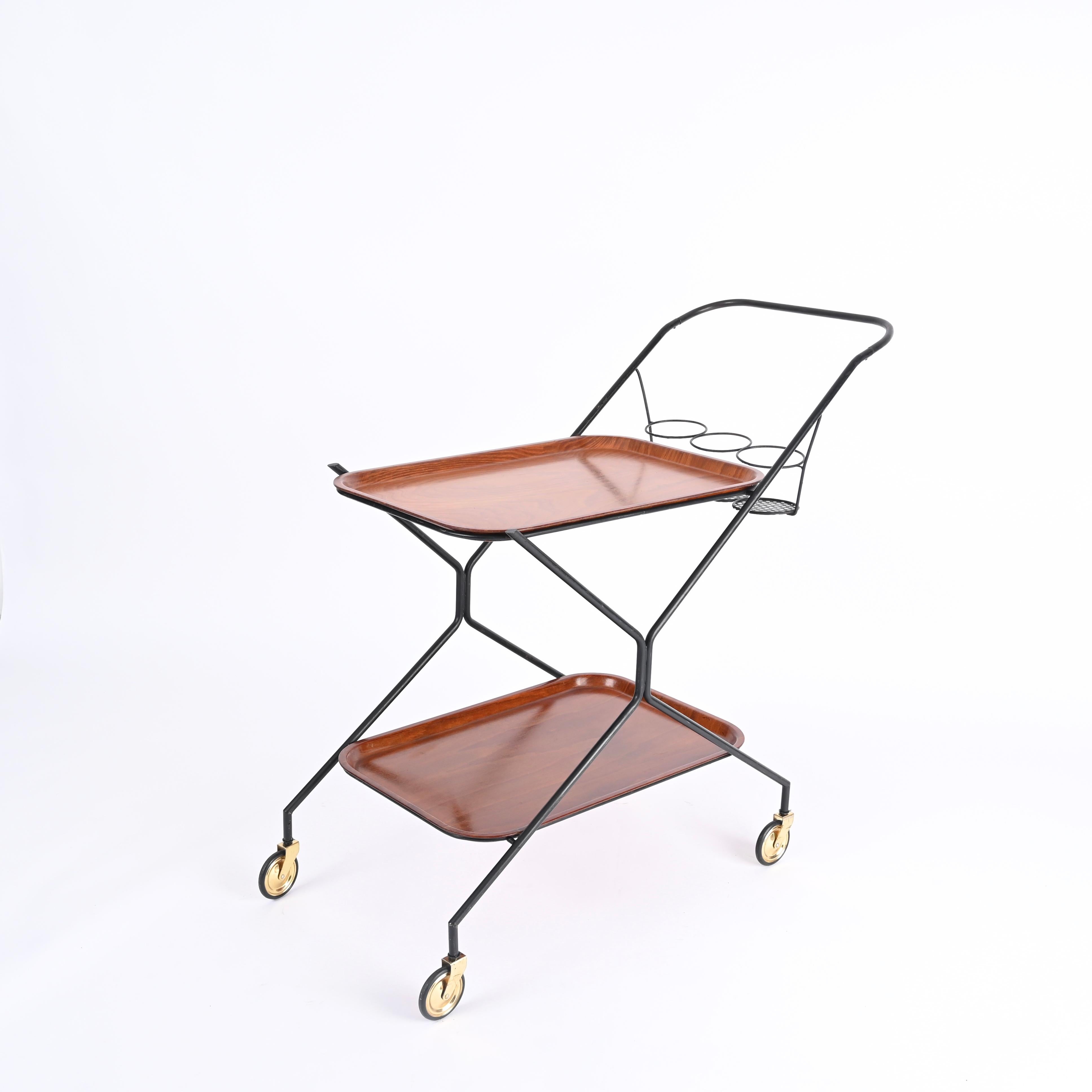 Italian Serving Bar Cart with Bottle Holder, Wood, Metal and Brass, Italy, 1960s For Sale 8