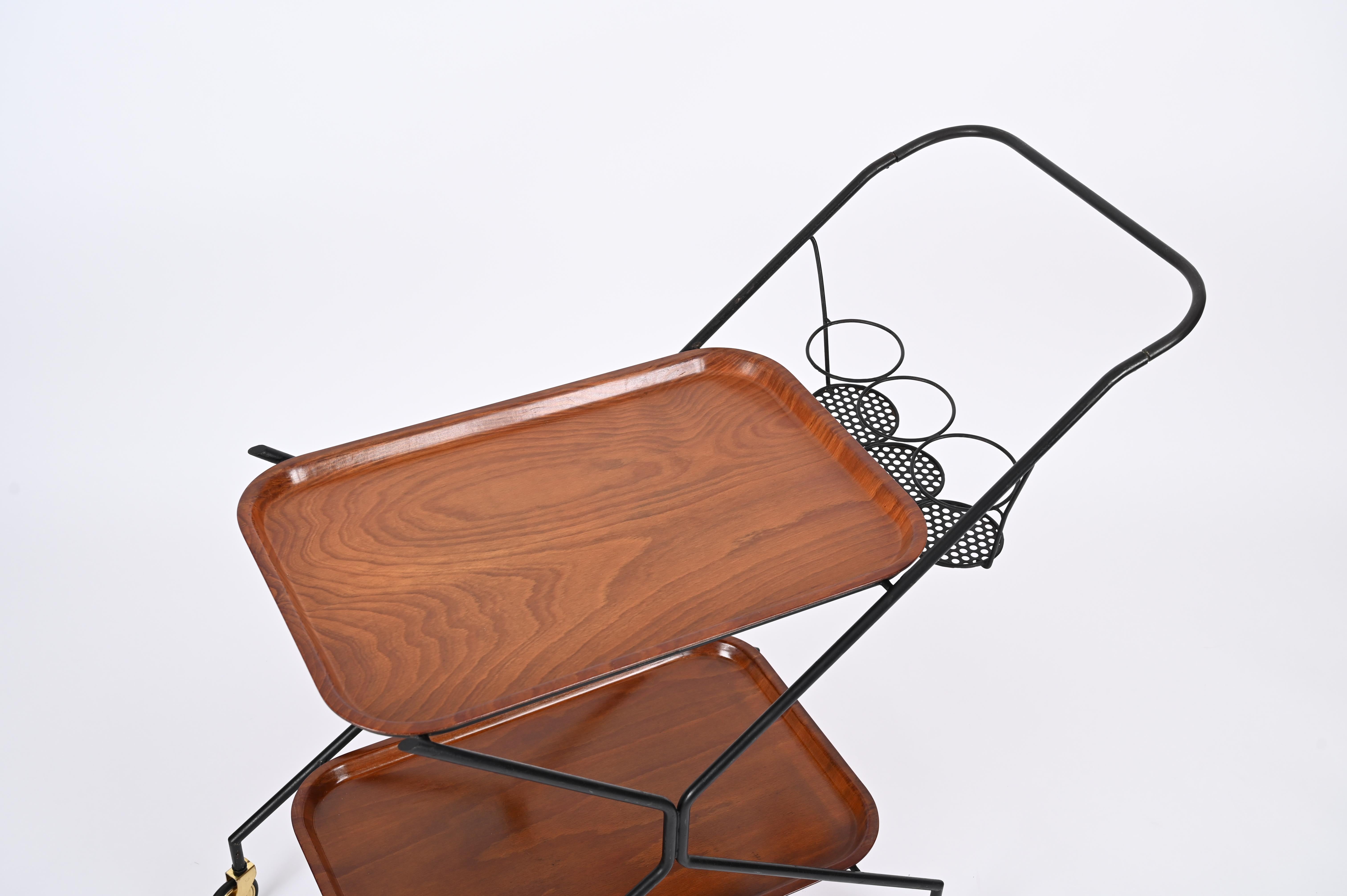 Mid-Century Modern Italian Serving Bar Cart with Bottle Holder, Wood, Metal and Brass, Italy, 1960s For Sale