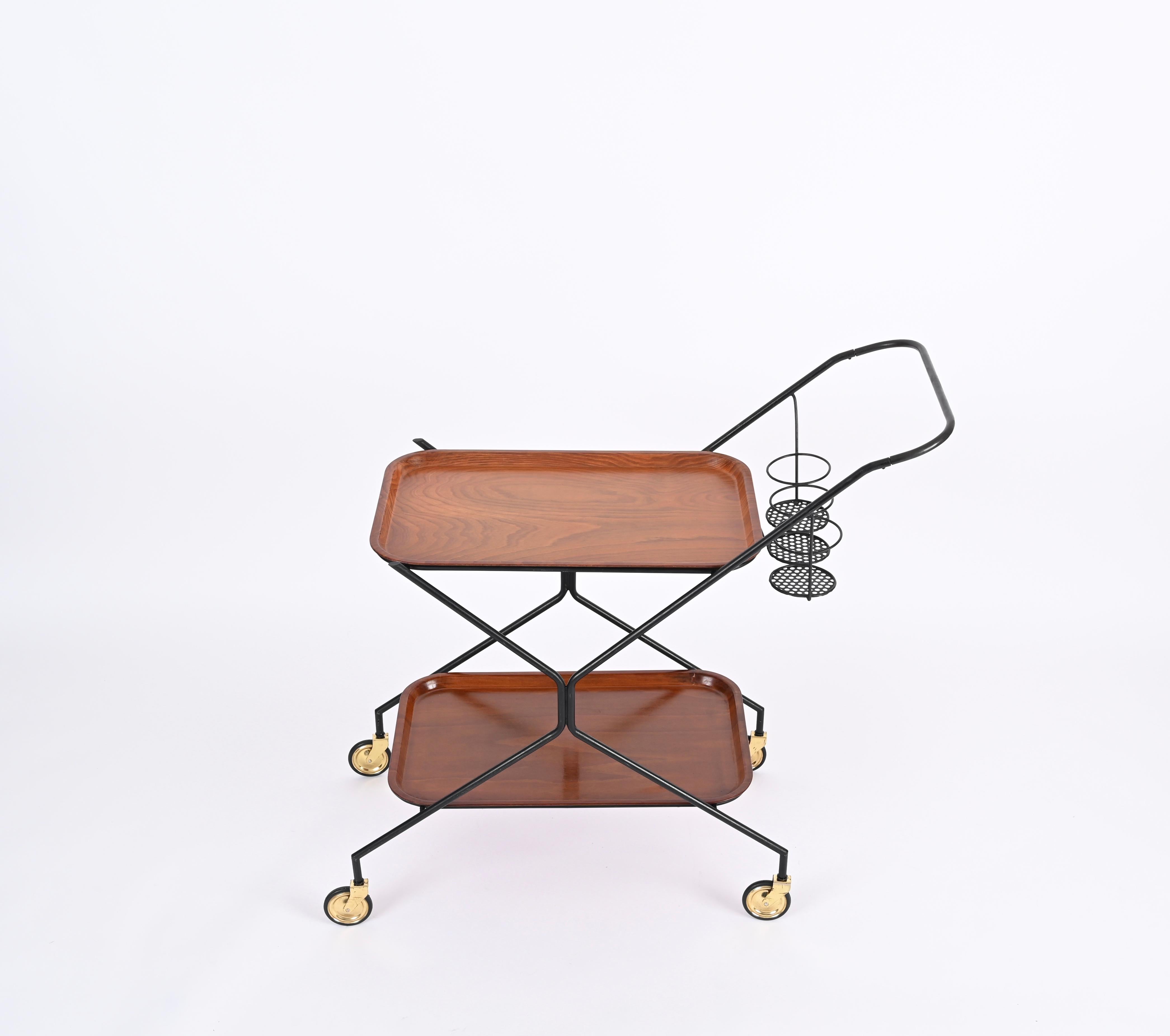 Enameled Italian Serving Bar Cart with Bottle Holder, Wood, Metal and Brass, Italy, 1960s For Sale