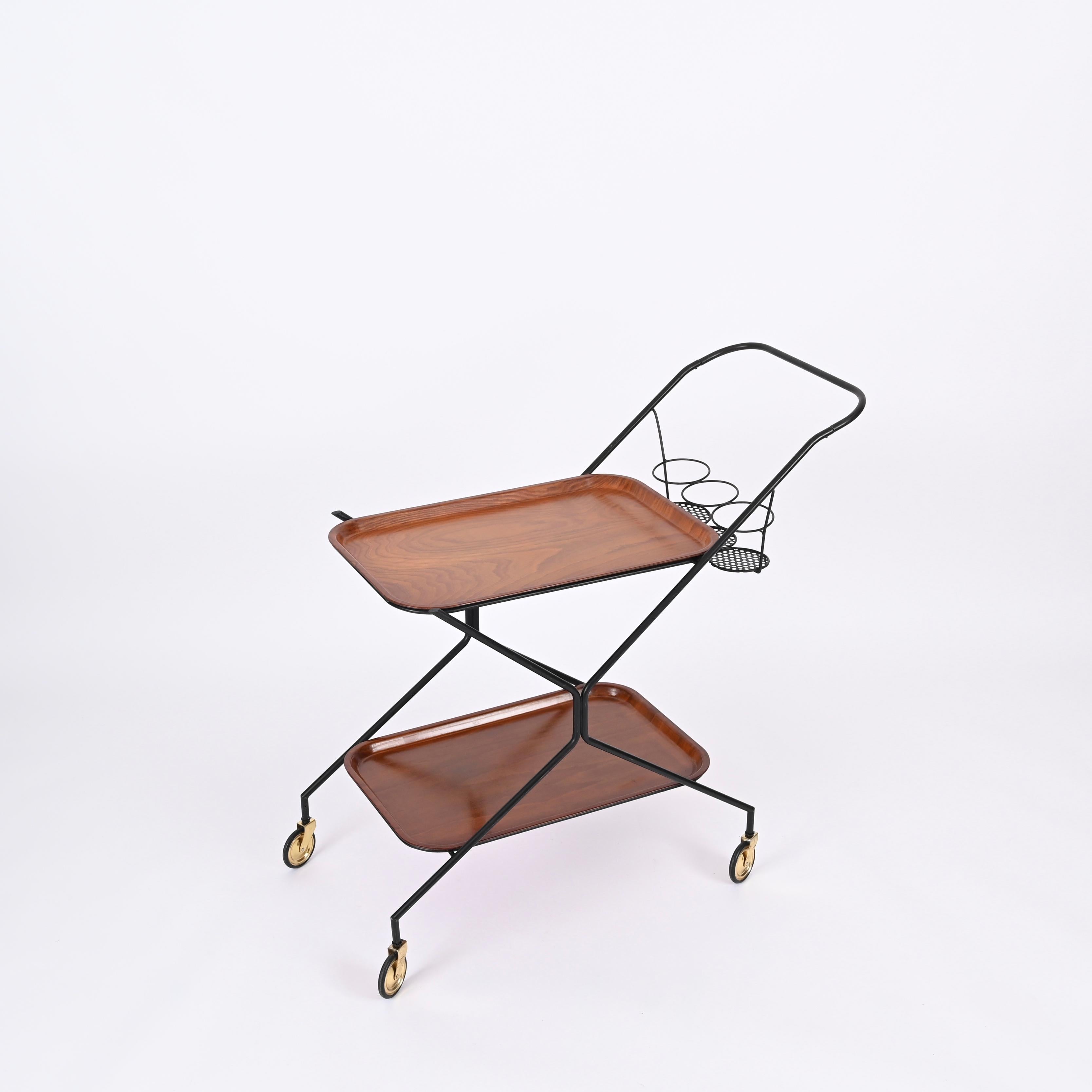 Oak Italian Serving Bar Cart with Bottle Holder, Wood, Metal and Brass, Italy, 1960s For Sale