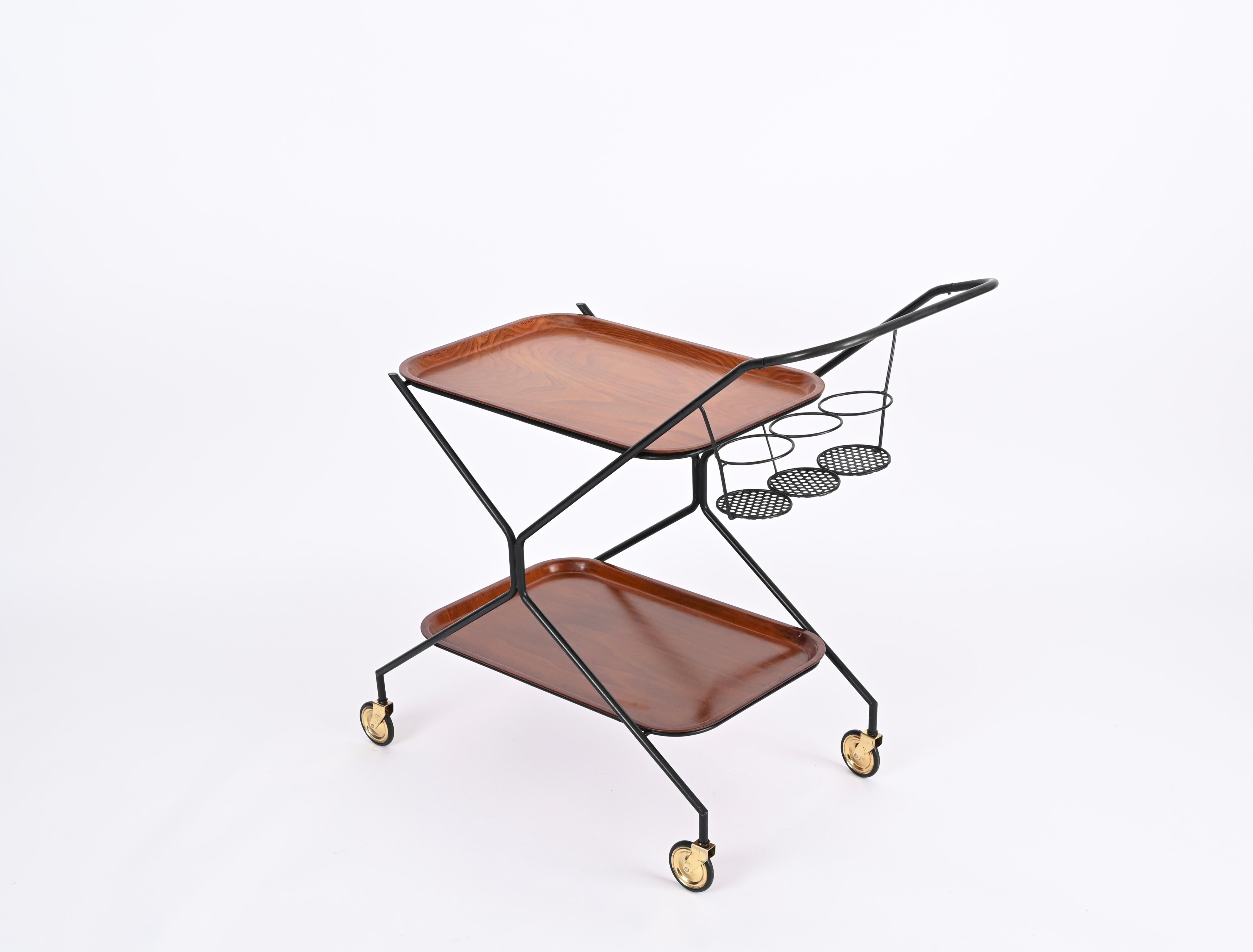 Italian Serving Bar Cart with Bottle Holder, Wood, Metal and Brass, Italy, 1960s For Sale 1