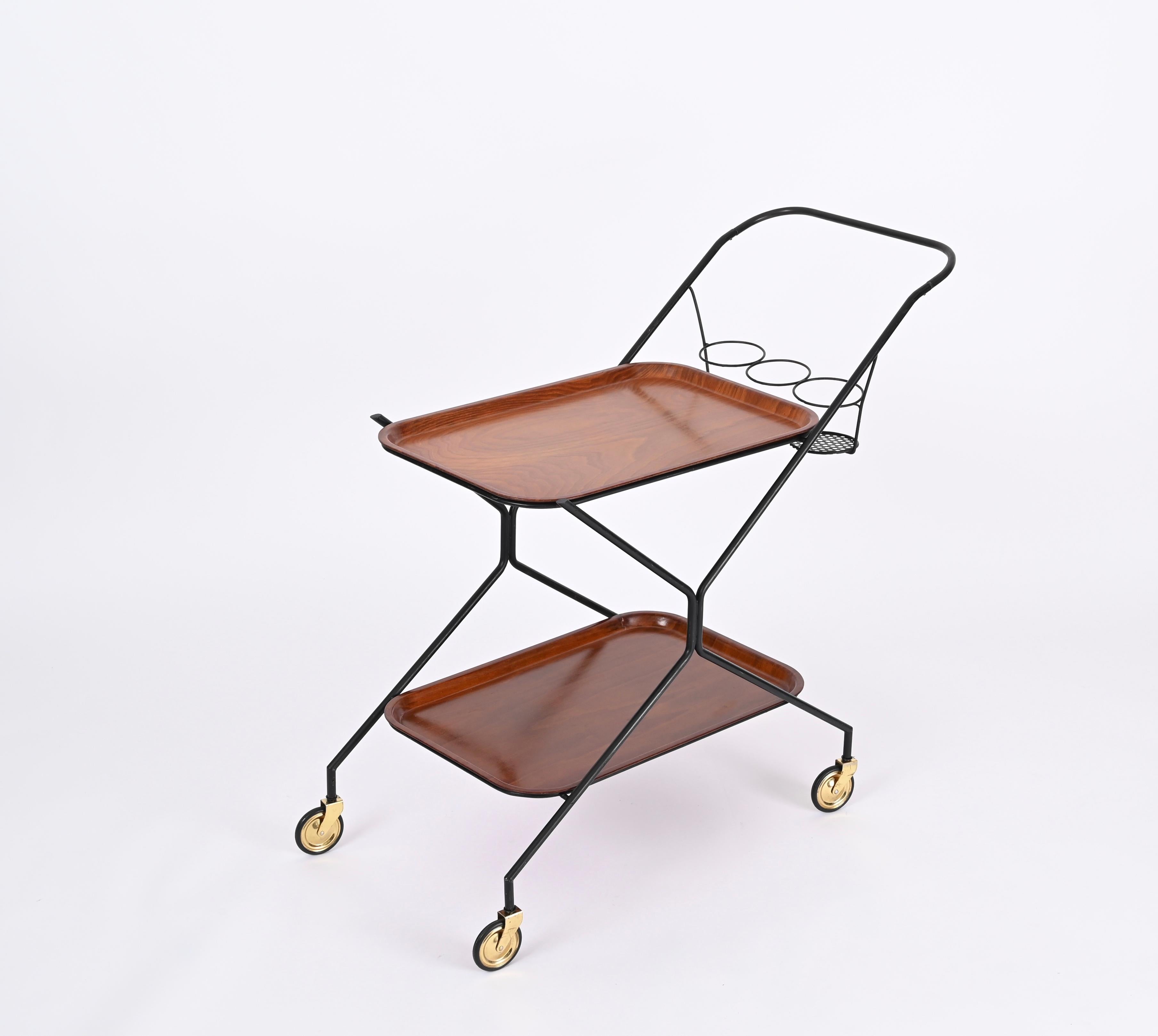 Italian Serving Bar Cart with Bottle Holder, Wood, Metal and Brass, Italy, 1960s For Sale 2