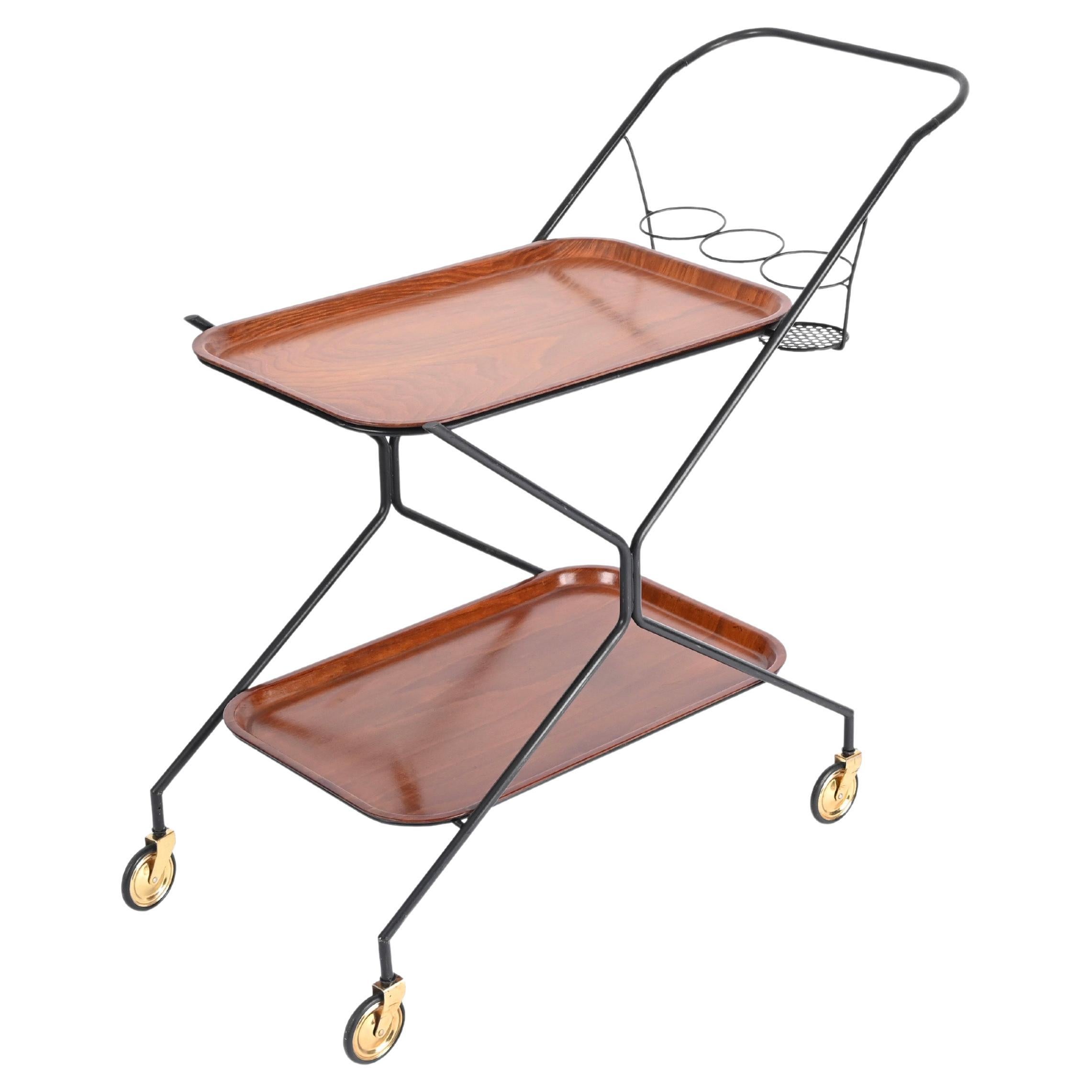 Italian Serving Bar Cart with Bottle Holder, Wood, Metal and Brass, Italy, 1960s For Sale