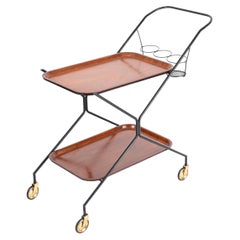 Retro Italian Serving Bar Cart with Bottle Holder, Wood, Metal and Brass, Italy, 1960s