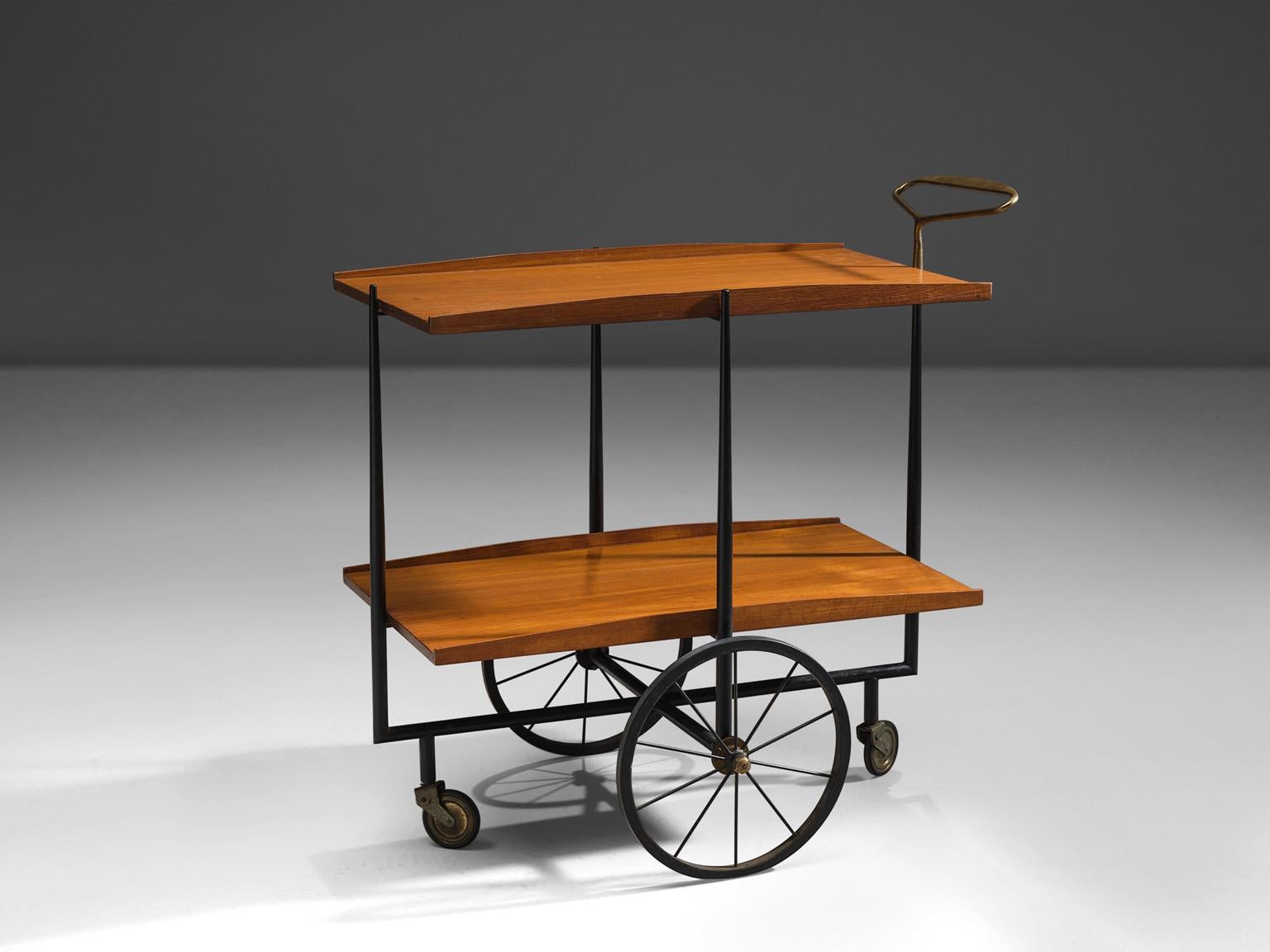 Italian serving cart in wood with brass details, Italy, 1950s.

This lovely trolley features two wooden trays with upstanding edges. The combination of the soft colored wood with the metal and the brass detailing is typical midcentury. Because of