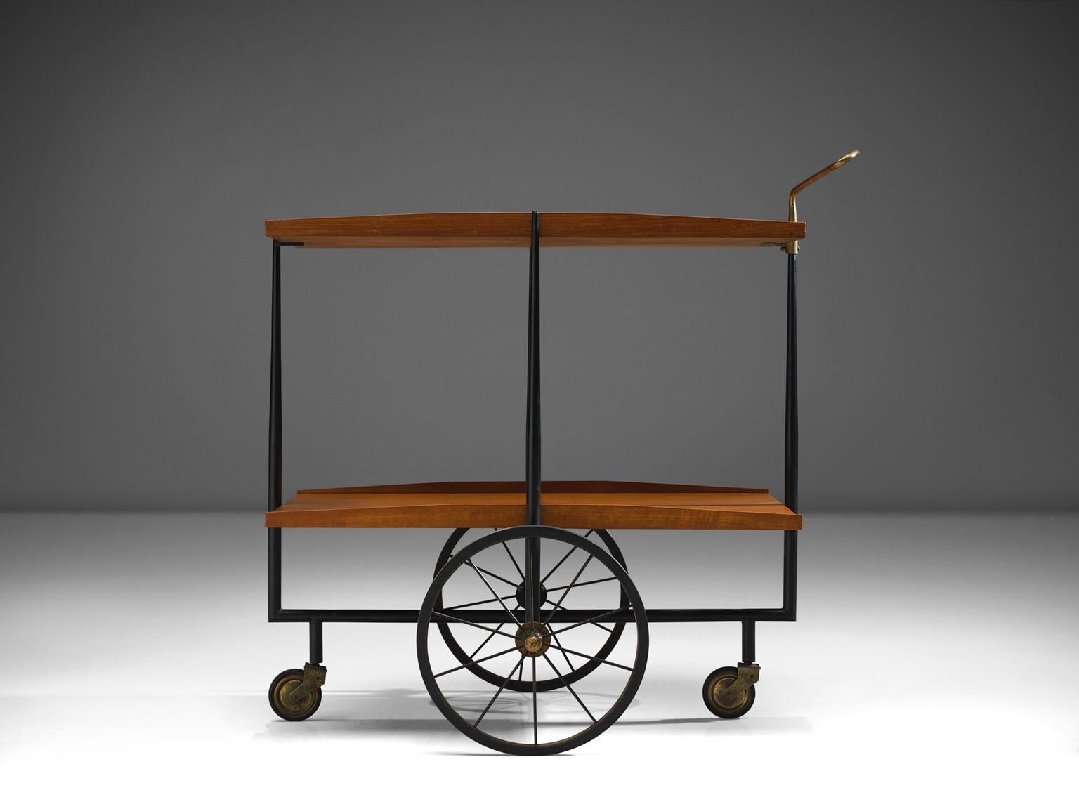 Mid-Century Modern Italian Serving Cart in Wood with Brass Details
