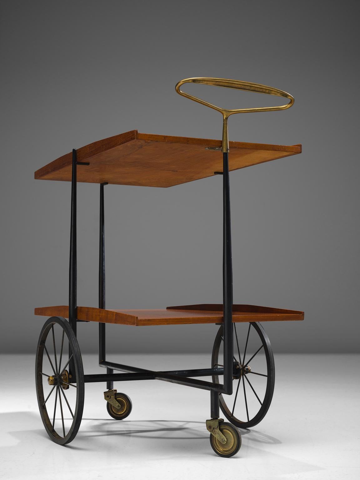 Italian Serving Cart in Wood with Brass Details In Good Condition In Waalwijk, NL