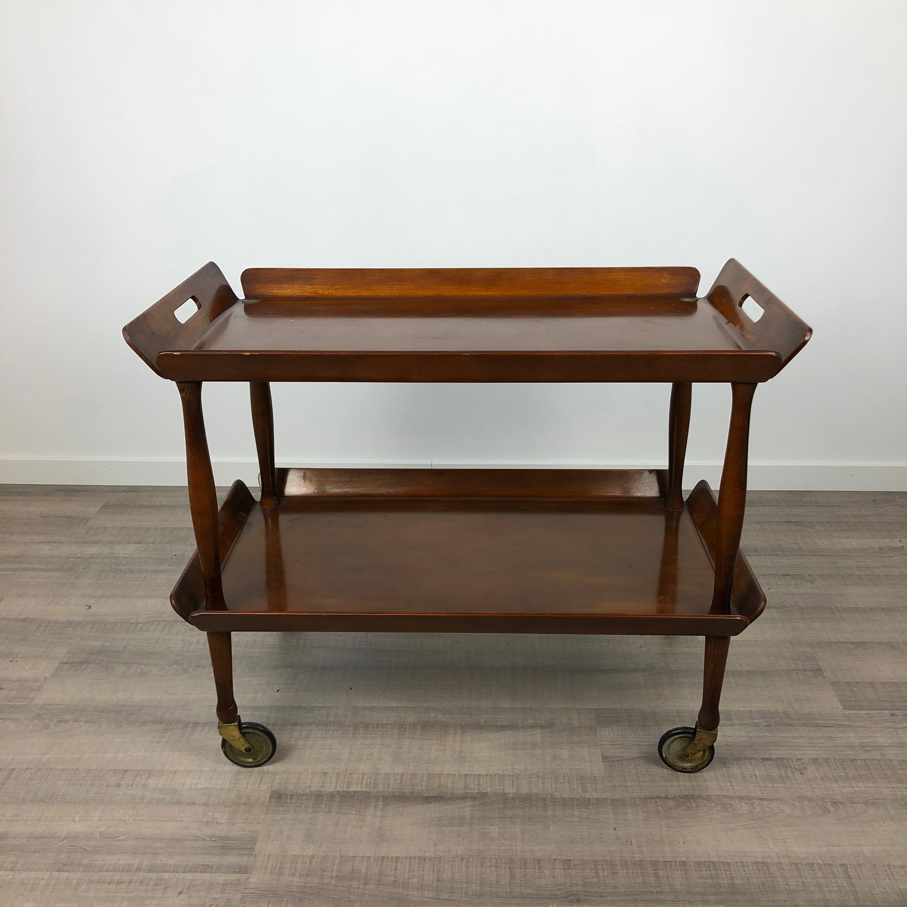 Mid-Century Modern Italian Serving Cart with Double Trays in Brass and Wood, 1950s