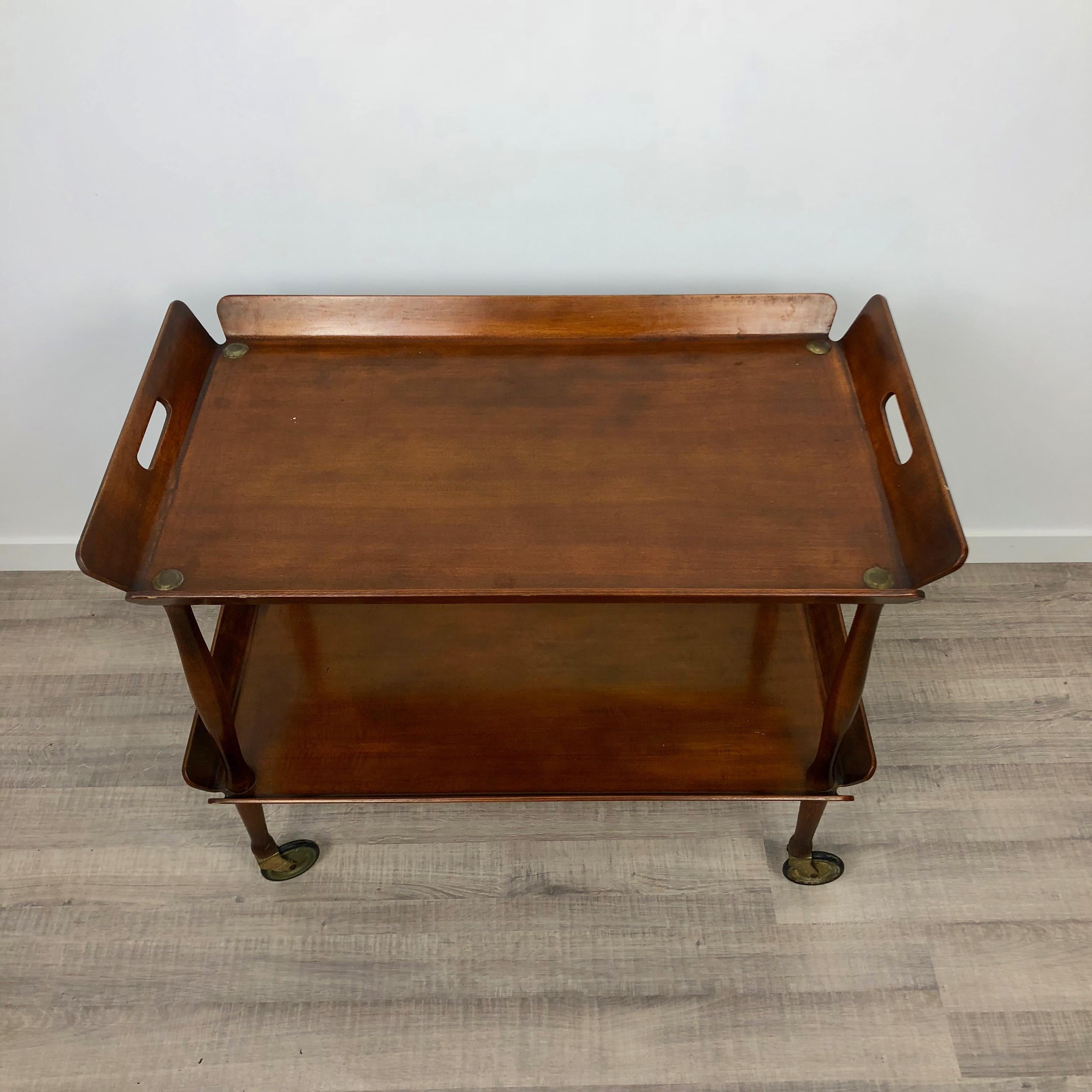 Italian Serving Cart with Double Trays in Brass and Wood, 1950s In Good Condition In Rome, IT