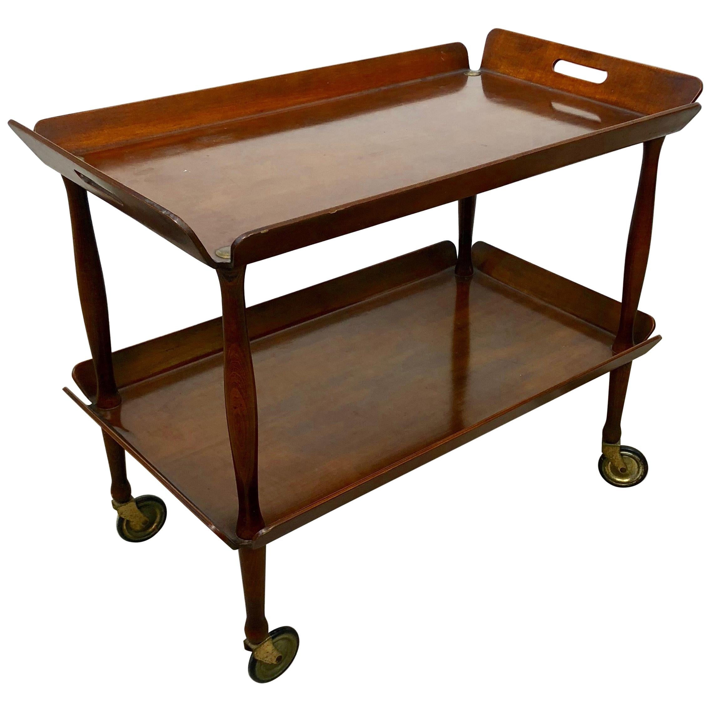 Italian Serving Cart with Double Trays in Brass and Wood, 1950s