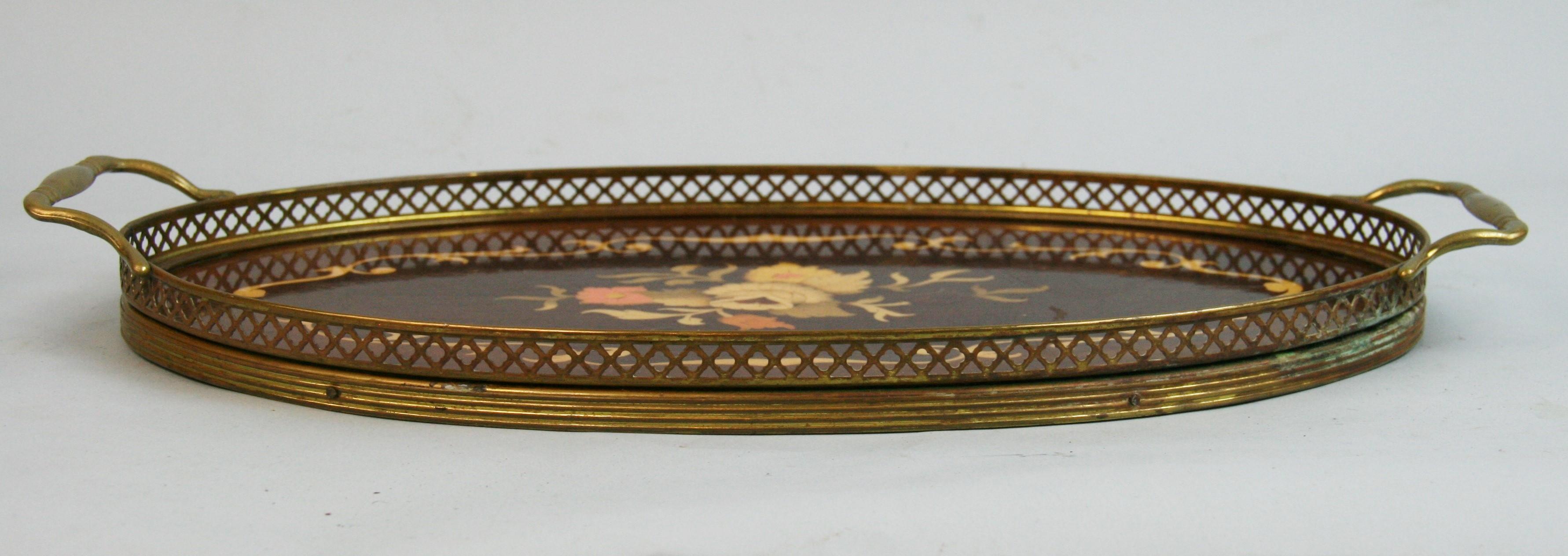 Italian Serving Tray Inlaid Wood Brass Rim and Handles, 1960's For Sale 6