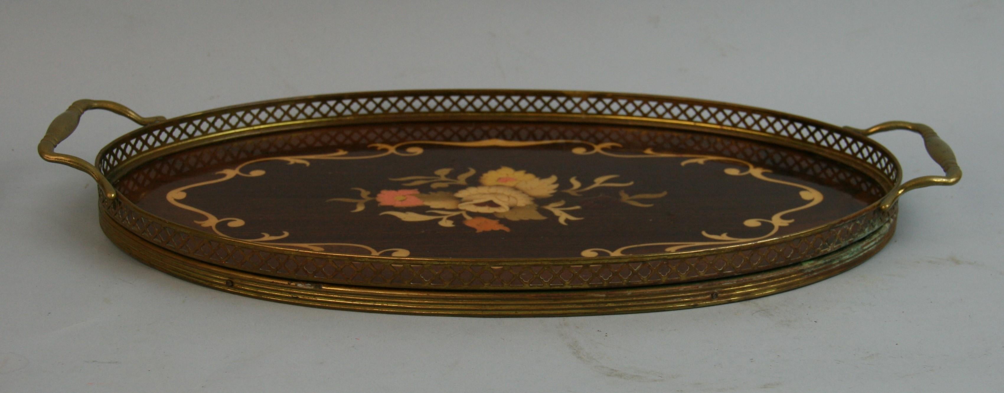 Italian Serving Tray Inlaid Wood Brass Rim and Handles, 1960's In Good Condition For Sale In Douglas Manor, NY