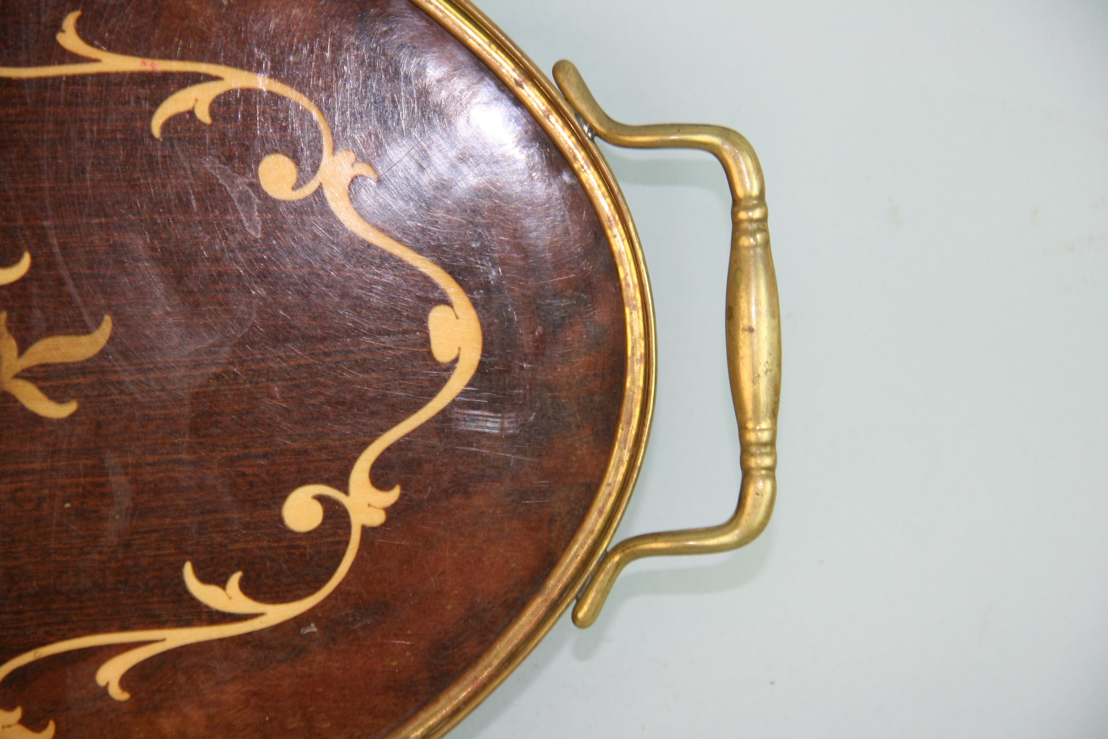 Italian Serving Tray Inlaid Wood Brass Rim and Handles, 1960's For Sale 1