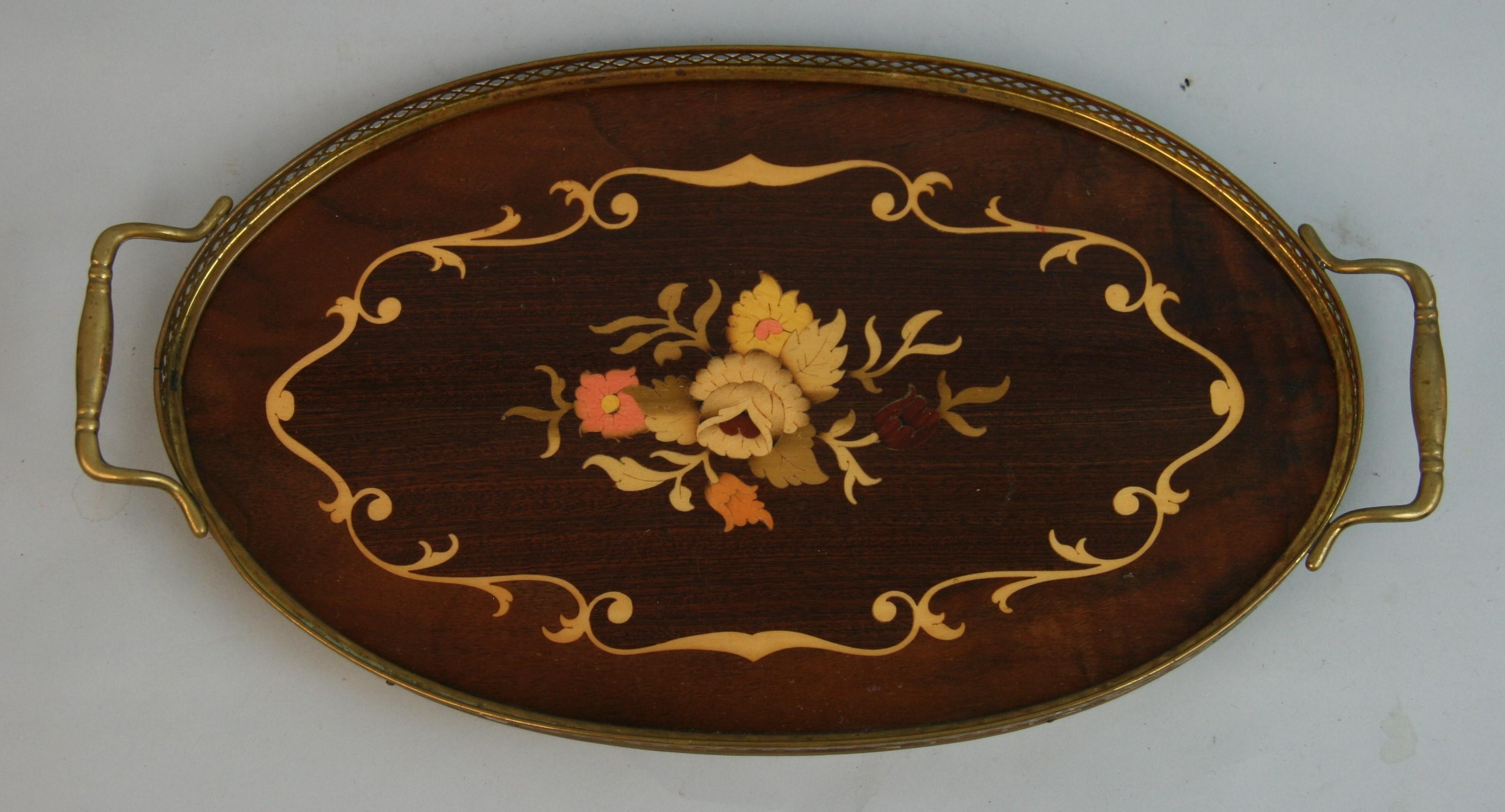 Italian Serving Tray Inlaid Wood Brass Rim and Handles, 1960's For Sale 2