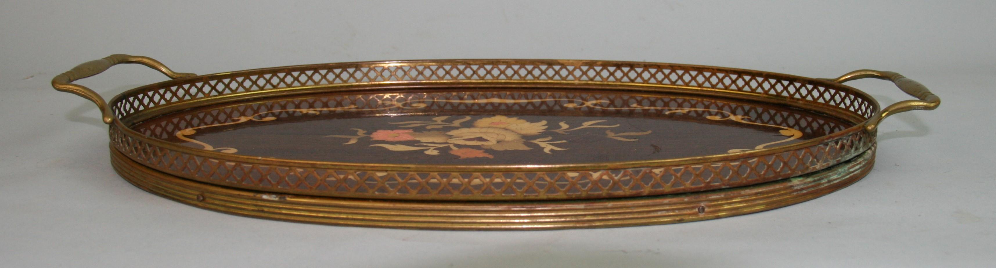 Italian Serving Tray Inlaid Wood Brass Rim and Handles, 1960's For Sale 5