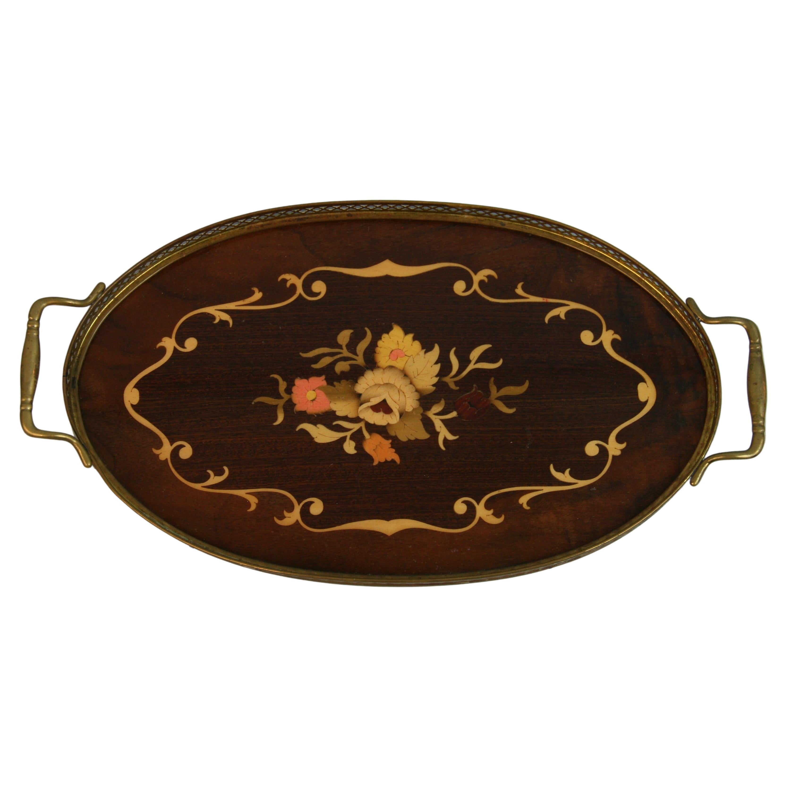 Italian Serving Tray Inlaid Wood Brass Rim and Handles, 1960's For Sale