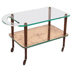 Italian Serving Trolley Pink Mirrored Glass Attr. to Brusotti, Wood and Brass