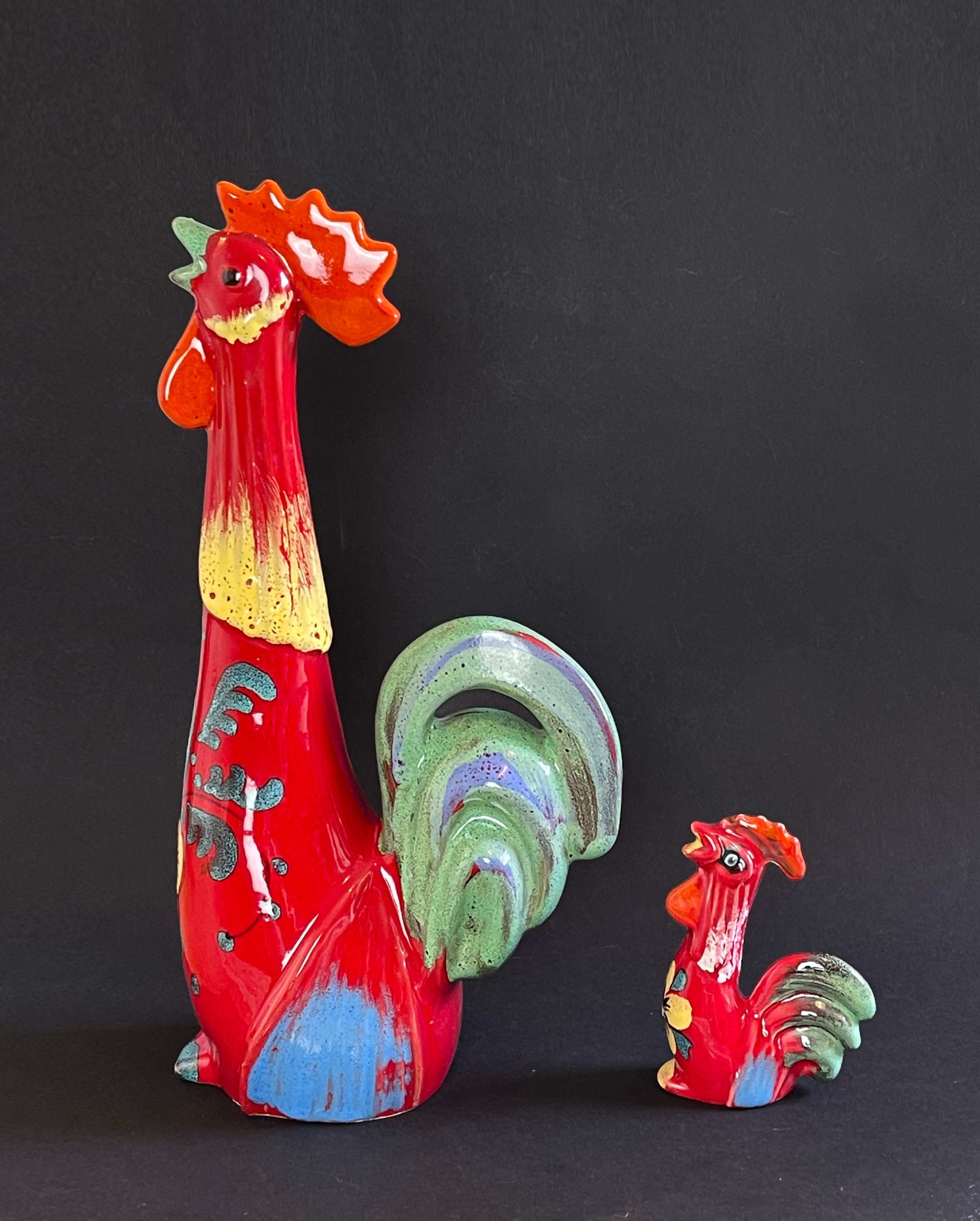Hand-Crafted Italian Set of 2 Roosters Fiery Red, Mid-Century Studio Ceramic, ca. 1960s-1970s For Sale