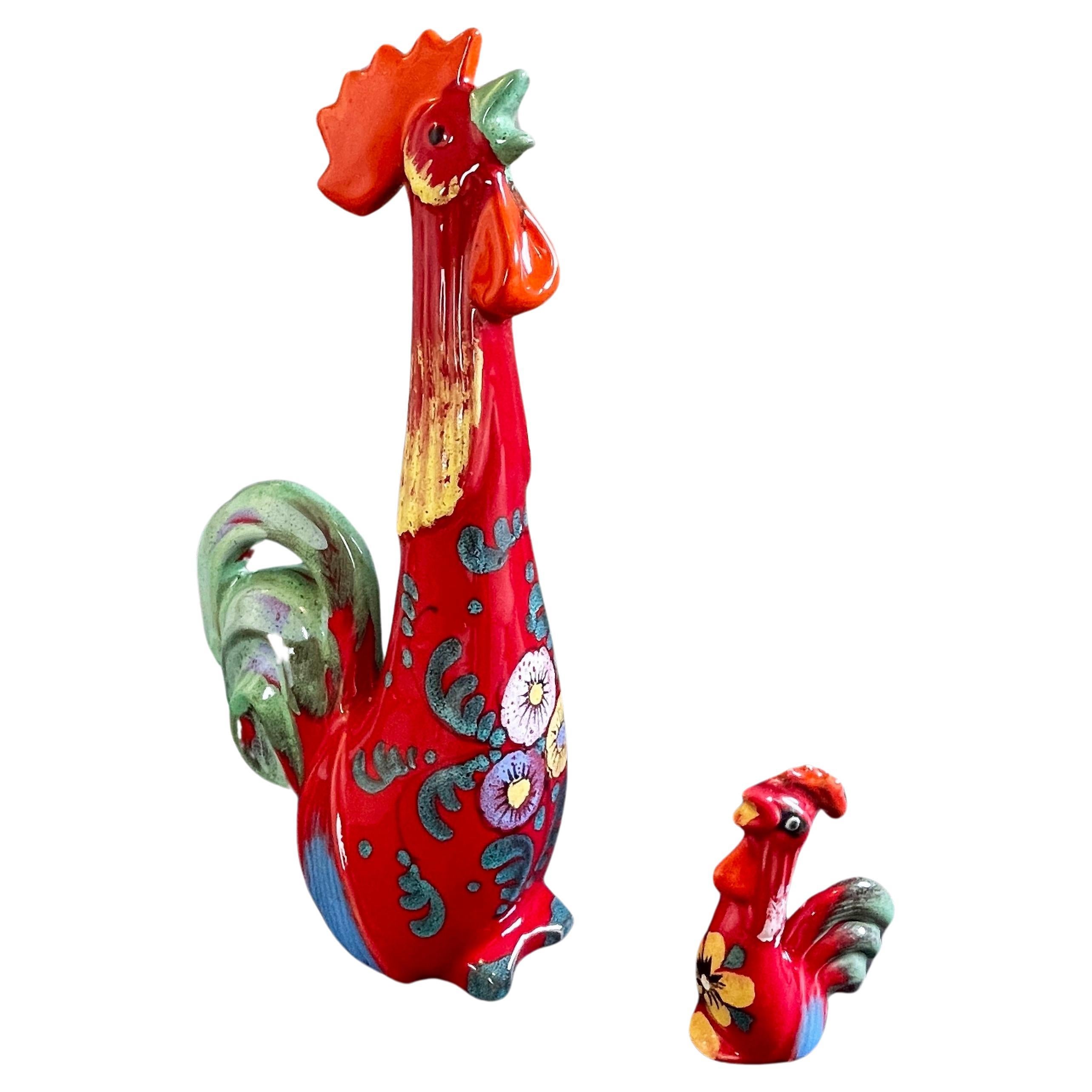 Italian Set of 2 Roosters Fiery Red, Mid-Century Studio Ceramic, ca. 1960s-1970s For Sale