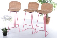 Italian Set of 3 Bar Stools with Cane and Metal by Cidue, 1980s