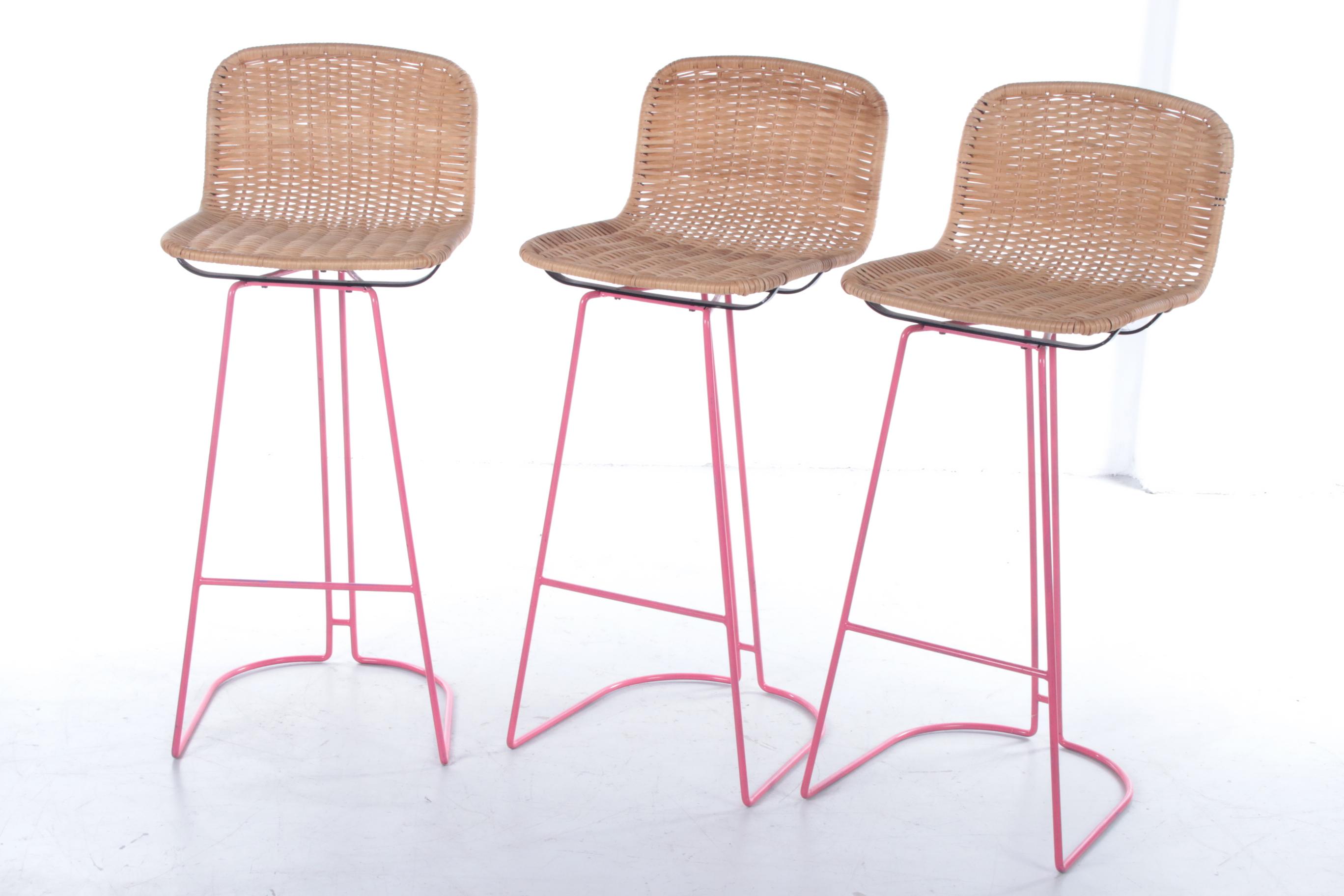 Mid-Century Modern Italian Set of 3 Bar Stools with Cane and Metal by Cidue, 1980s For Sale