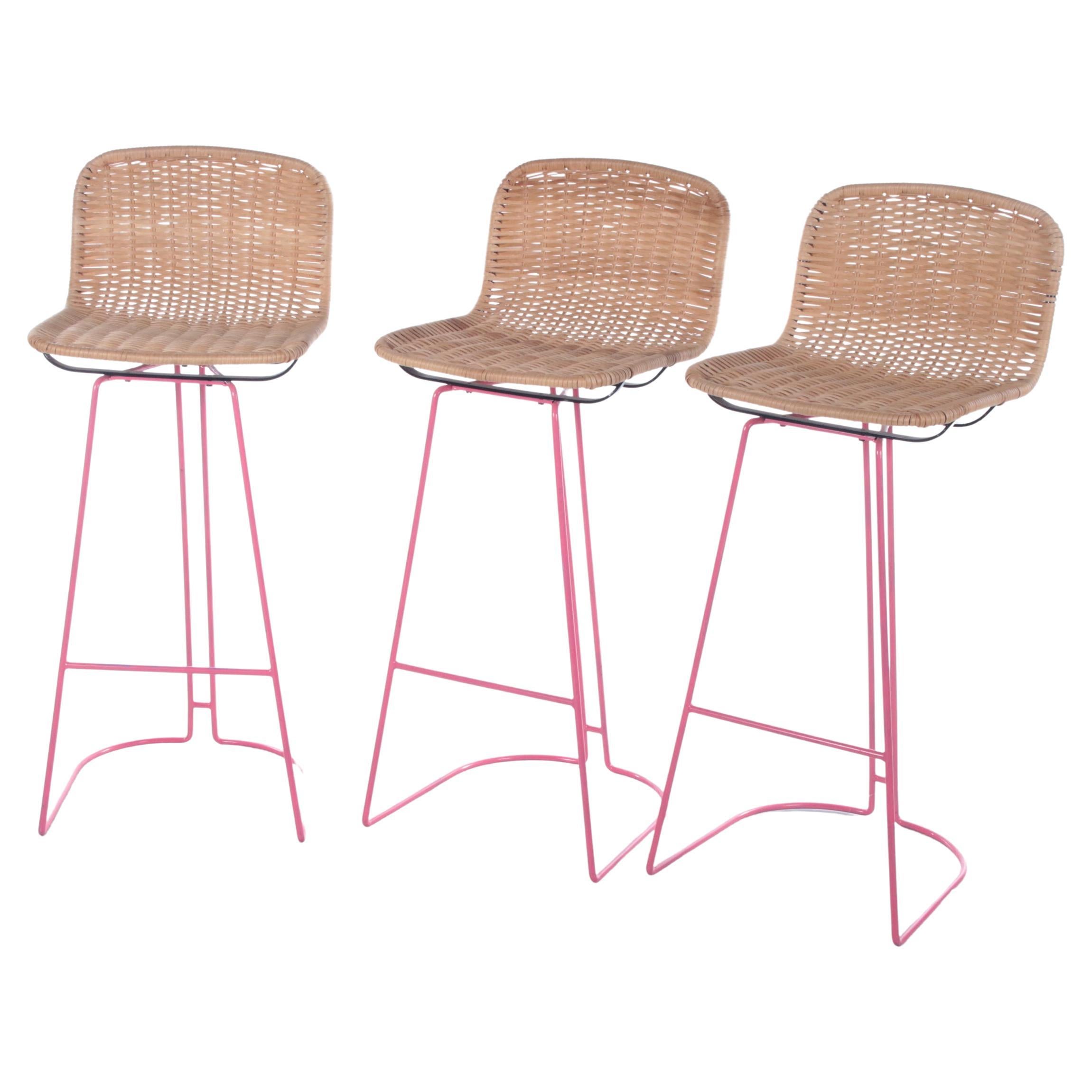Italian Set of 3 Bar Stools with Cane and Metal by Cidue, 1980s
