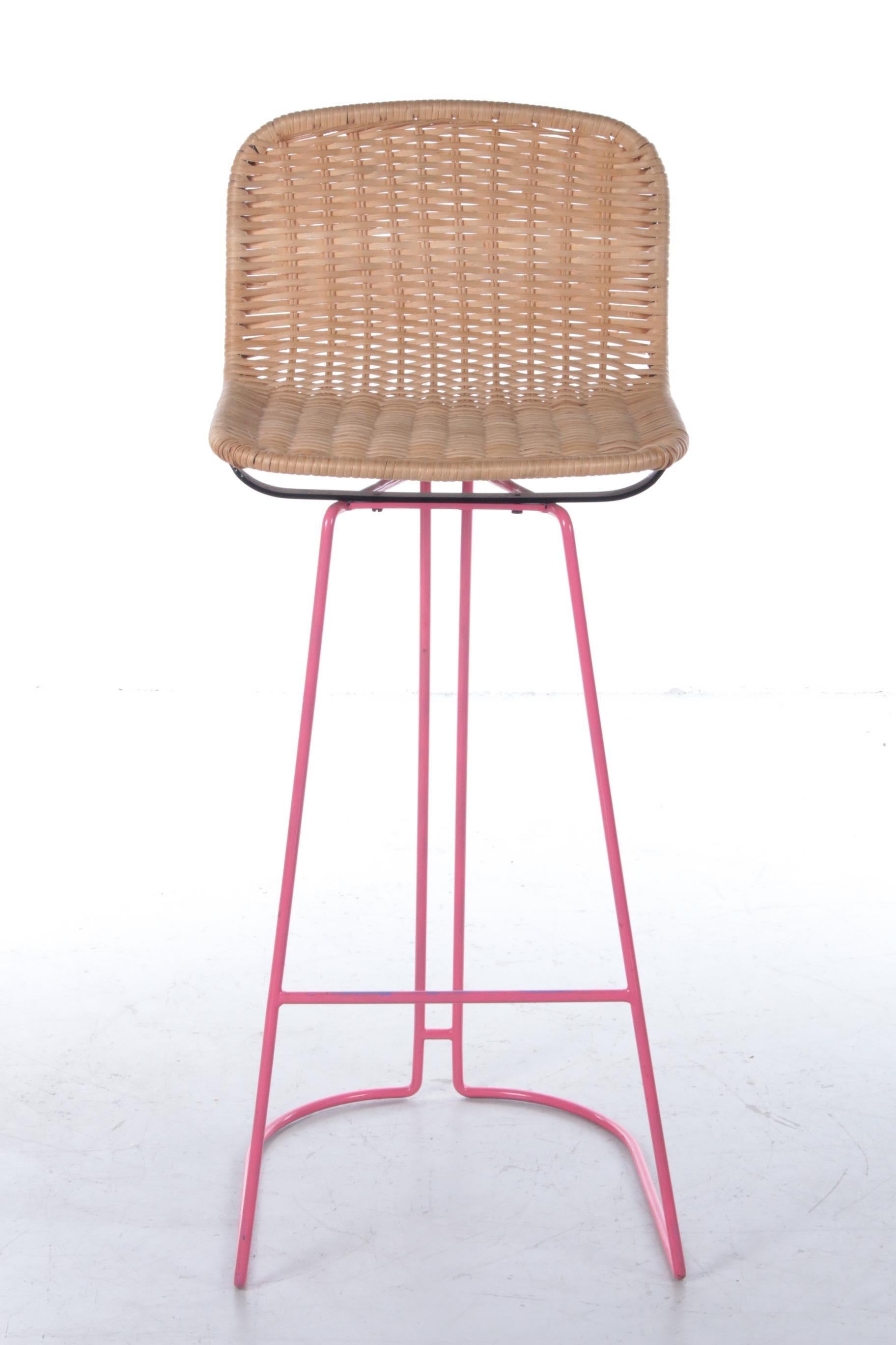 Mid-Century Modern Italian Set of 3 Bar Stools with Wicker and Metal by Cidue, 1980s