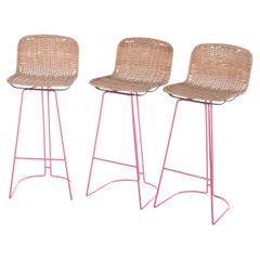 Italian Set of 3 Bar Stools with Wicker and Metal by Cidue, 1980s