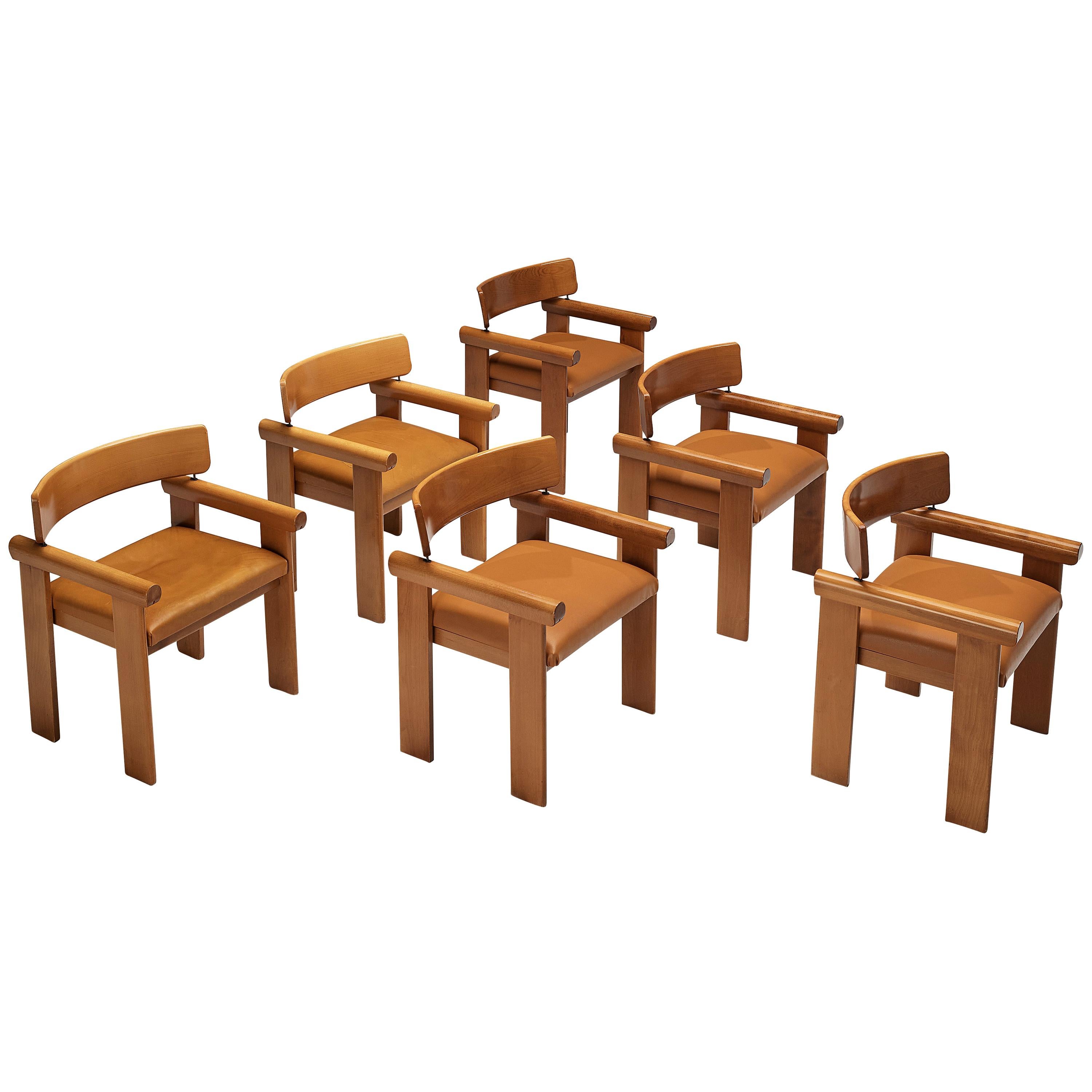 Italian Set of 6 Architectural Armchairs in Beech and Cognac Leather