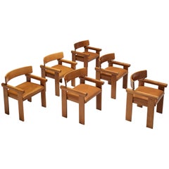 Italian Set of 6 Architectural Armchairs in Beech and Cognac Leather