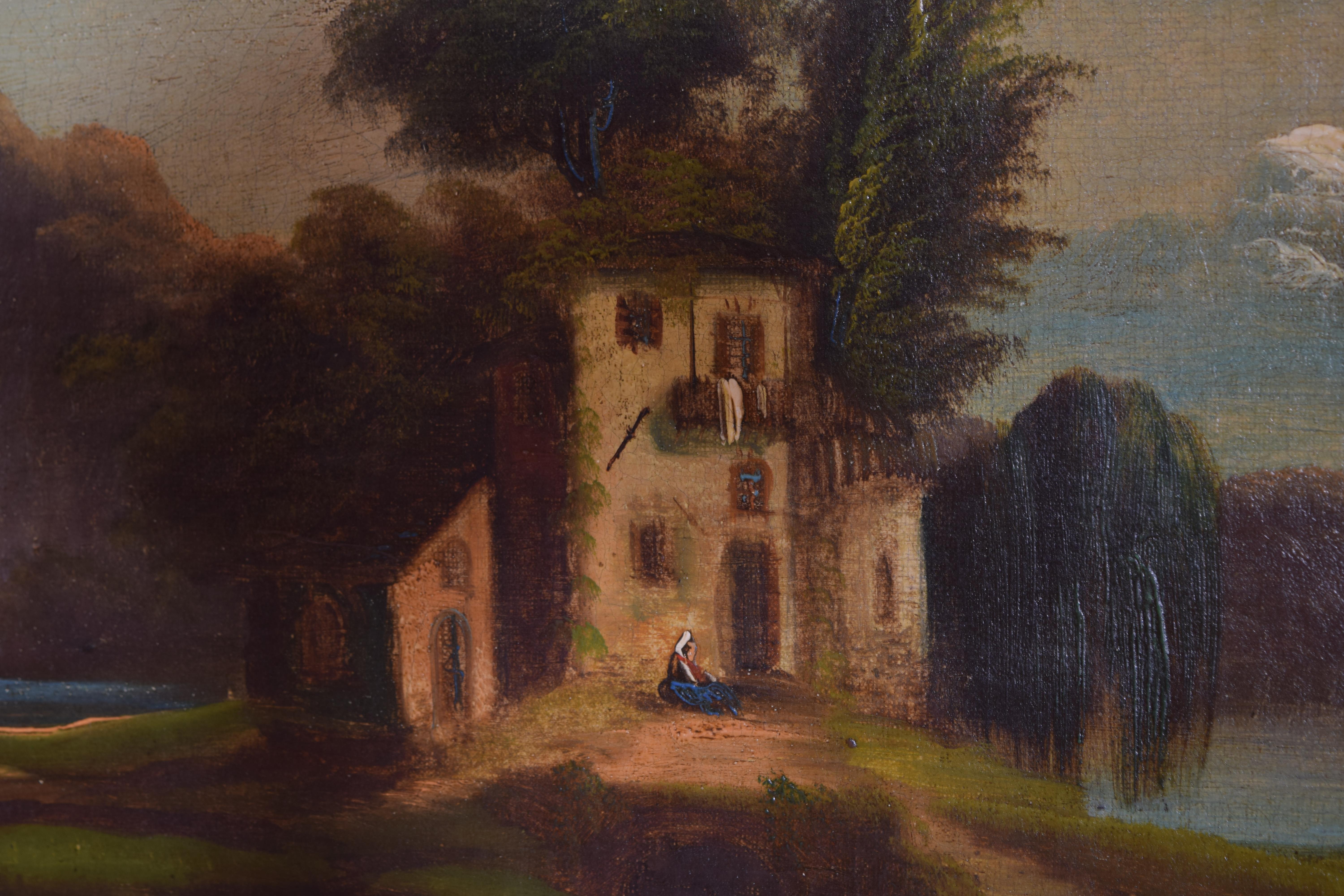Italienisches Set aus 6 Ölgemälden auf Leinwand, Häuser in Landschaften, Anfang des 19. Jahrhunderts im Angebot 6