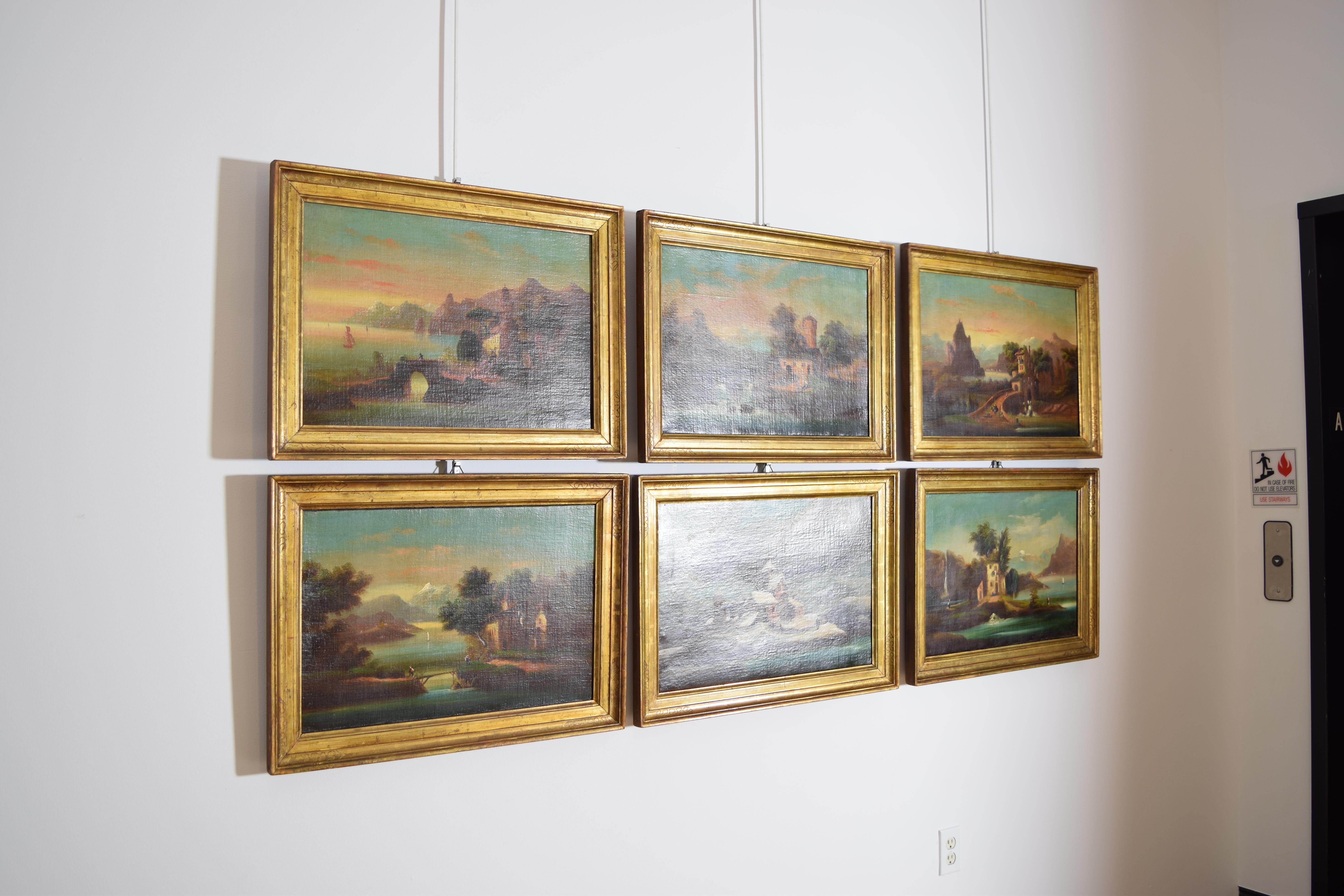 Italienisches Set aus 6 Ölgemälden auf Leinwand, Häuser in Landschaften, Anfang des 19. Jahrhunderts (Neoklassisch) im Angebot