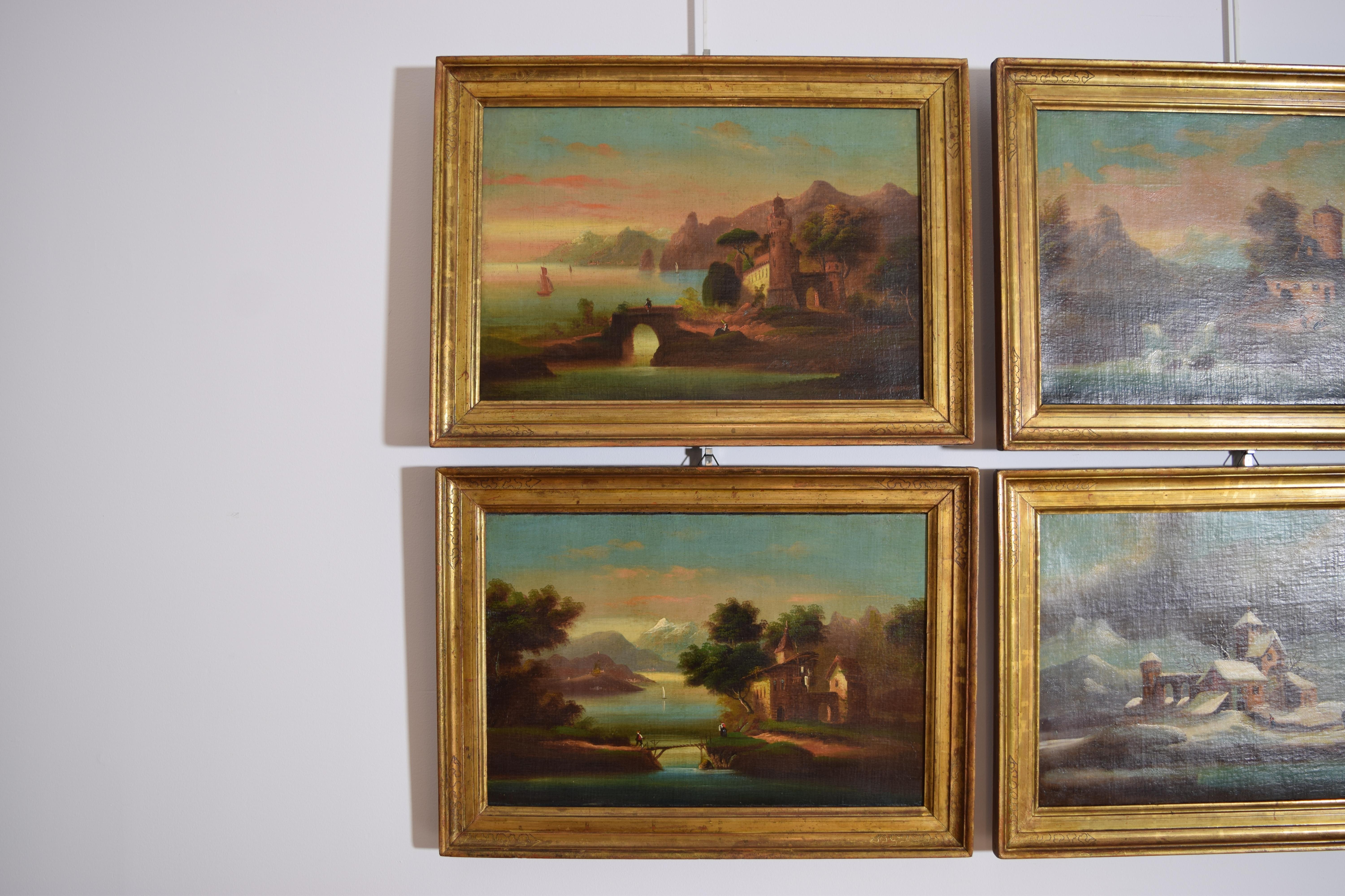 Italienisches Set aus 6 Ölgemälden auf Leinwand, Häuser in Landschaften, Anfang des 19. Jahrhunderts im Zustand „Hervorragend“ im Angebot in Atlanta, GA