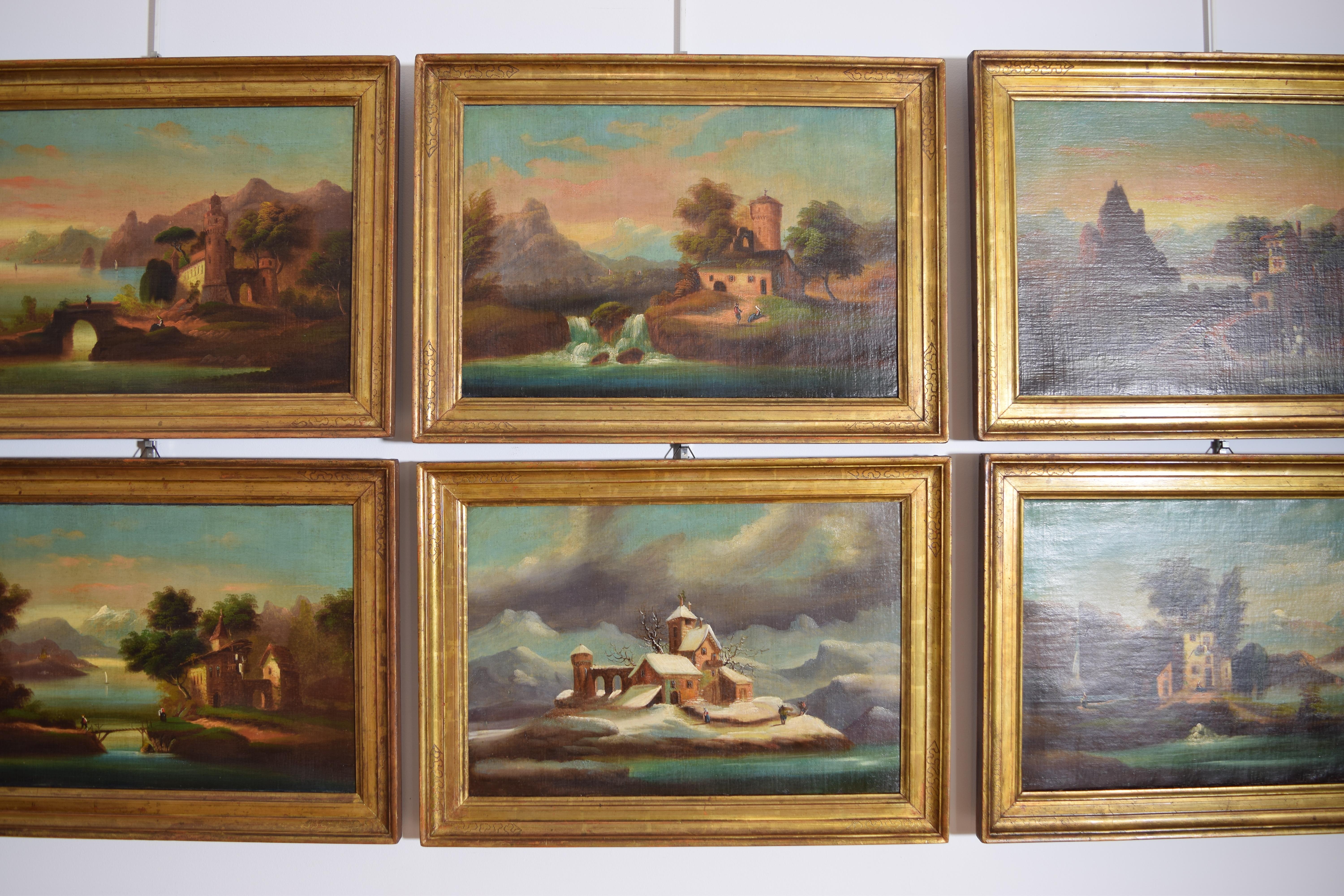 Italienisches Set aus 6 Ölgemälden auf Leinwand, Häuser in Landschaften, Anfang des 19. Jahrhunderts (Vergoldetes Holz) im Angebot