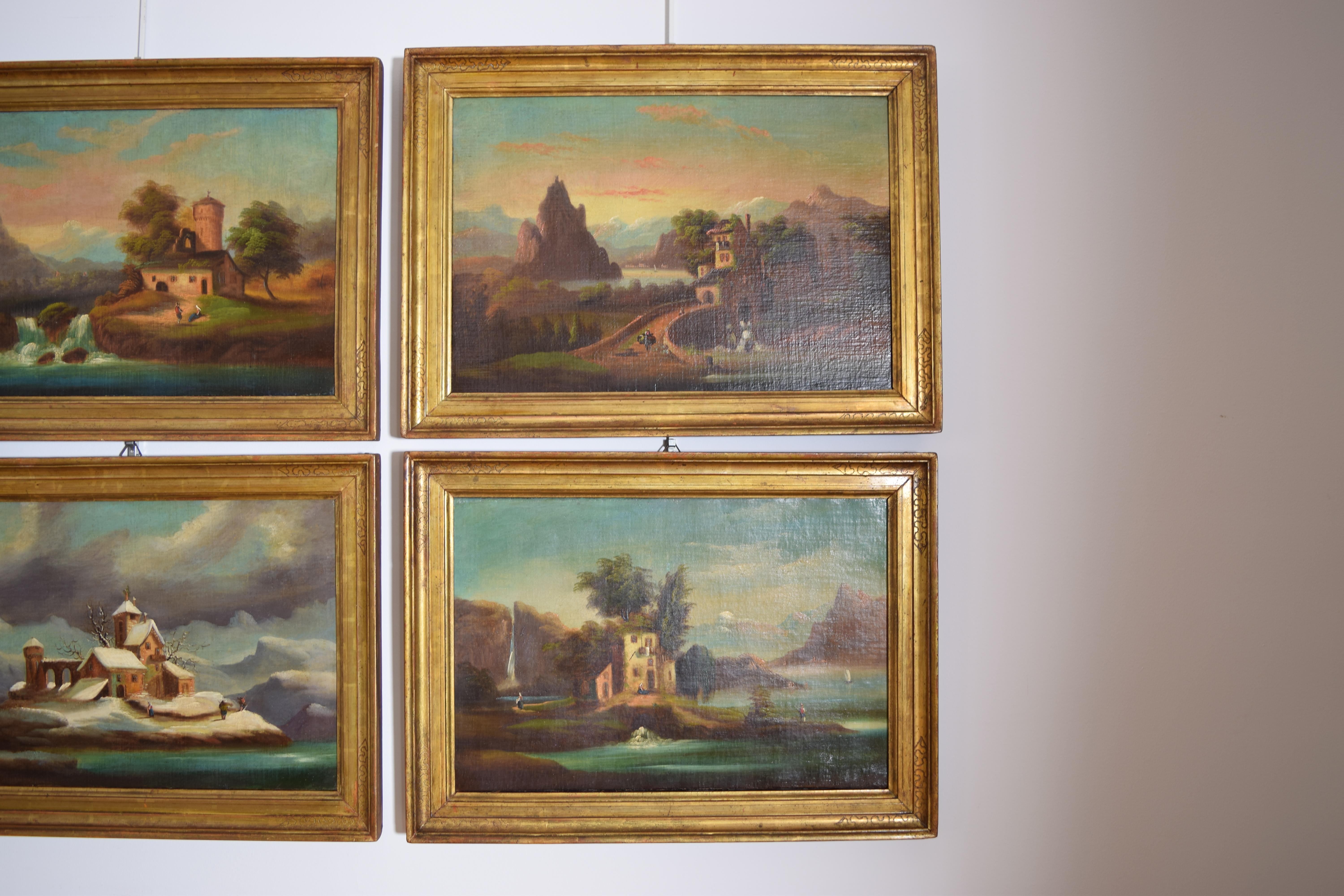 Italienisches Set aus 6 Ölgemälden auf Leinwand, Häuser in Landschaften, Anfang des 19. Jahrhunderts im Angebot 1