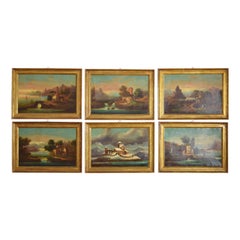 Ensemble italien de 6 huiles sur toile, Maisons dans des paysages, début du 19e siècle