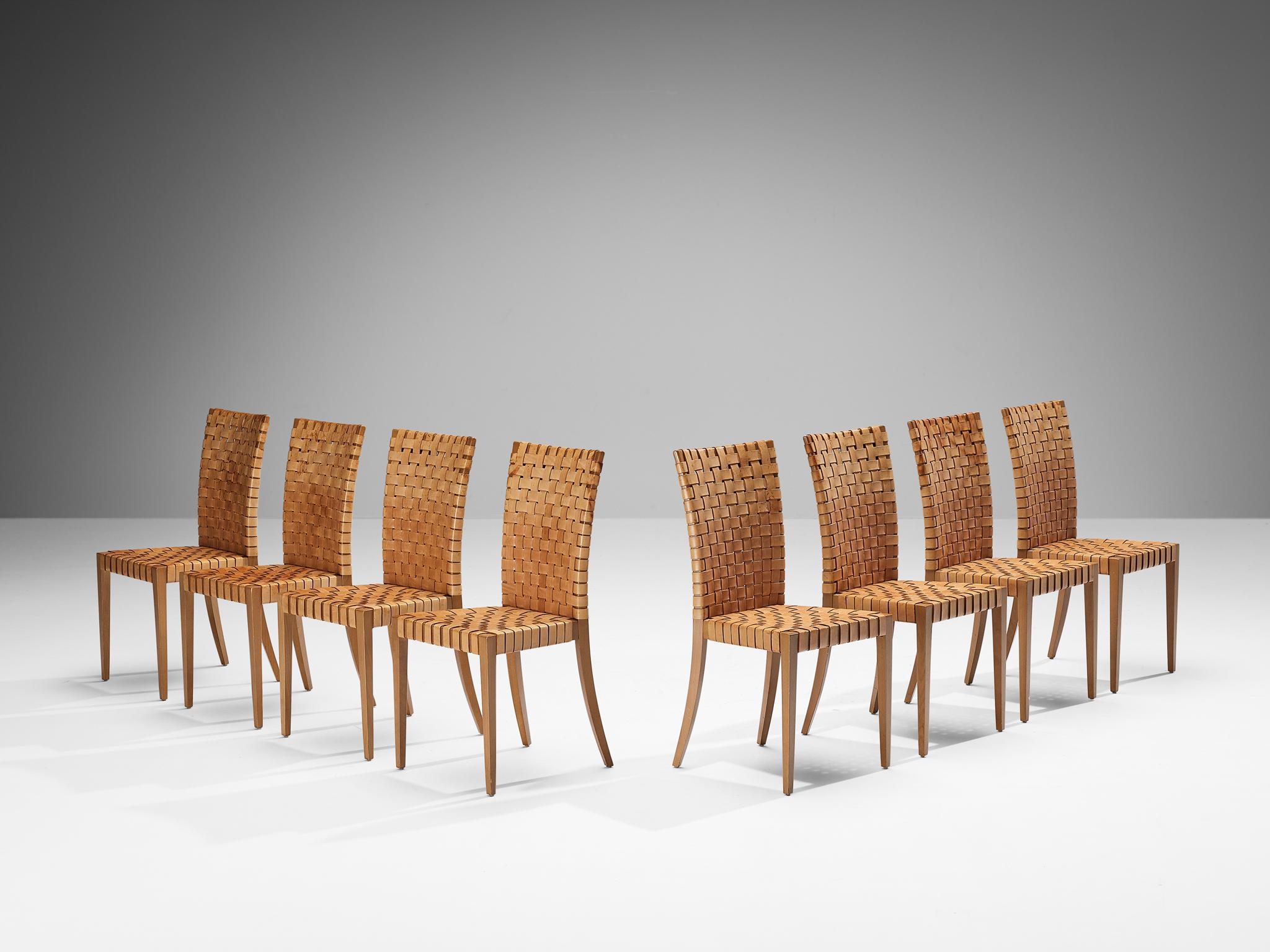 Mid-Century Modern Italian Set of Eight Dining Chairs in Braided Brown Leather  For Sale