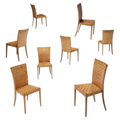 Used Italian Set of Eight Dining Chairs in Braided Brown Leather 