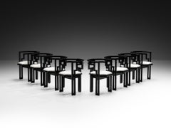 Italian Set of Eight Dining Chairs in Oak and White Upholstery