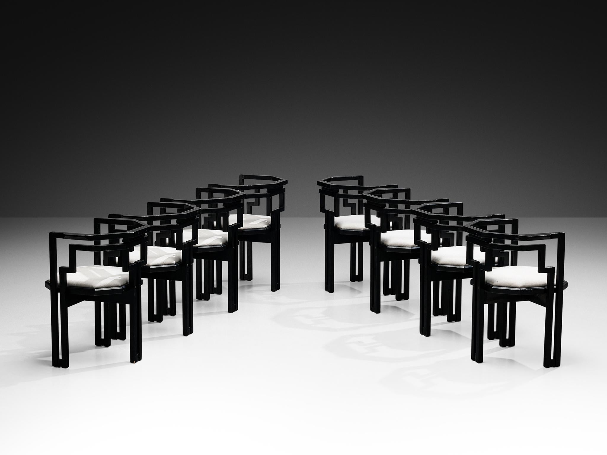 Italian Set of Eight Dining Chairs in Oak and White Upholstery (Stoff) im Angebot