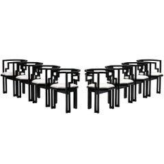 Italian Set of Eight Dining Chairs in Oak and White Upholstery