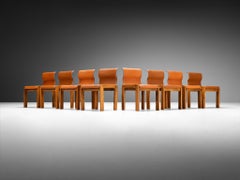 Italian Set of Eight Dining Chairs With Wavy Backrests in Saddle Leather, Walnut