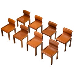 Italian Set of Eight Dining Chairs With Wavy Backrests in Saddle Leather, Walnut