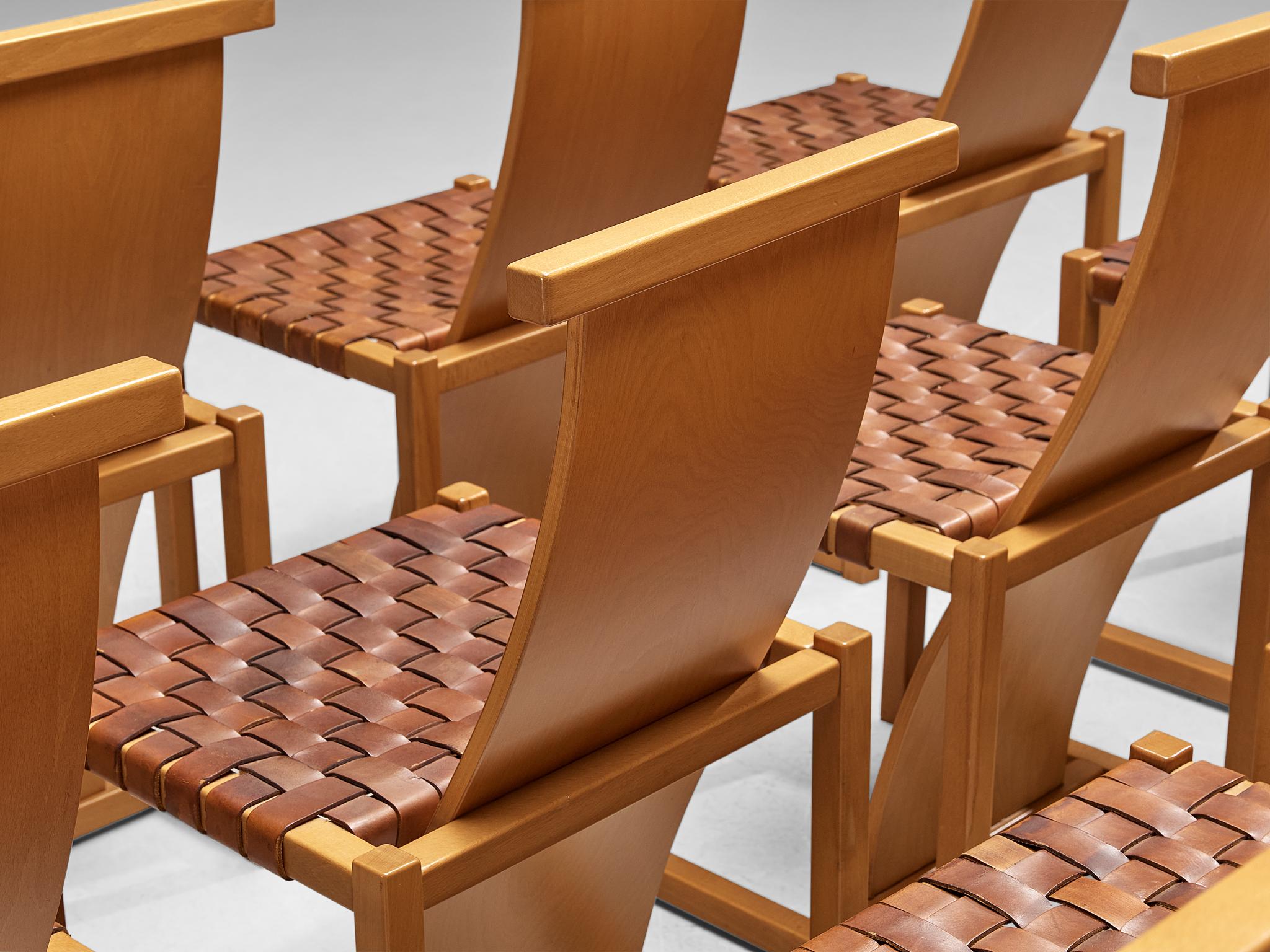Post-Modern Italian Set of Eight Dining Chairs with Woven Leather Seats For Sale