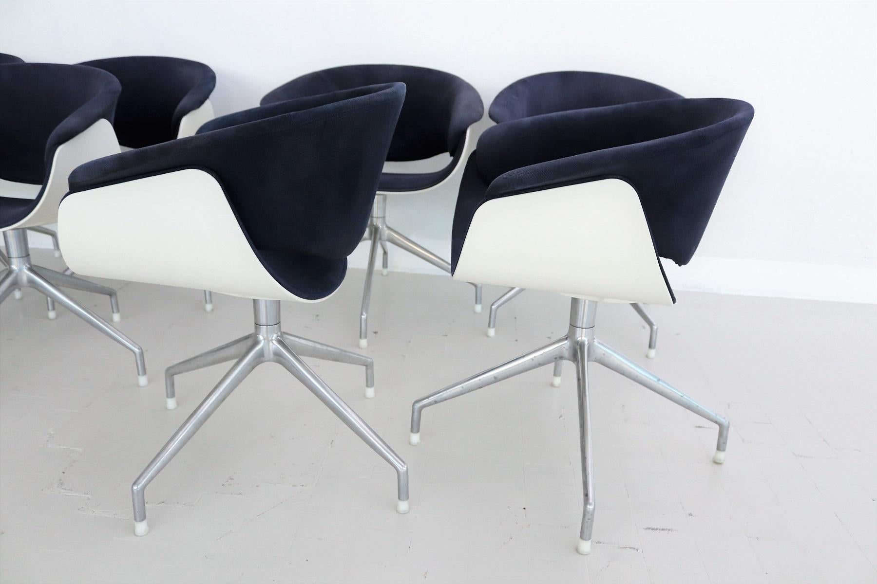 Italian Set of Eight SINA Swivel Chairs in Blue Fabric for B&B Italia 3
